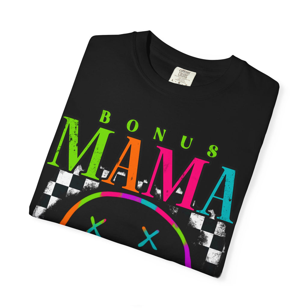 Bonus Mama Graphic T-Shirt — Neon Smiley Checkerboard Retro Tee