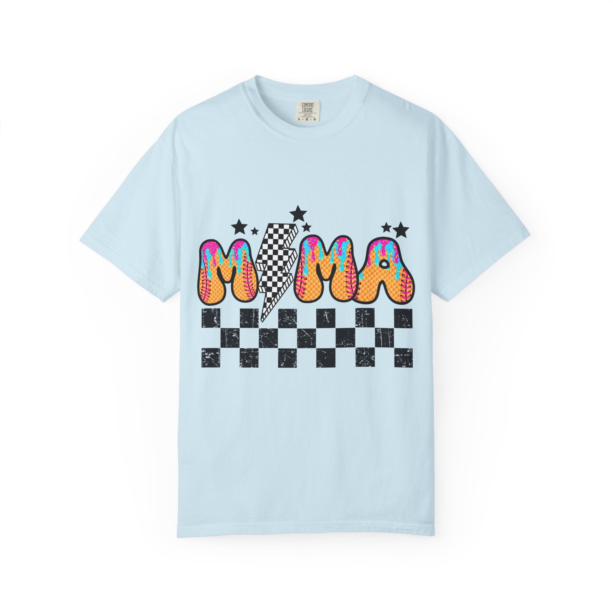 Retro Mama T-Shirt — Colorful Psychedelic 'MAMA' Graphic with Checkerboard