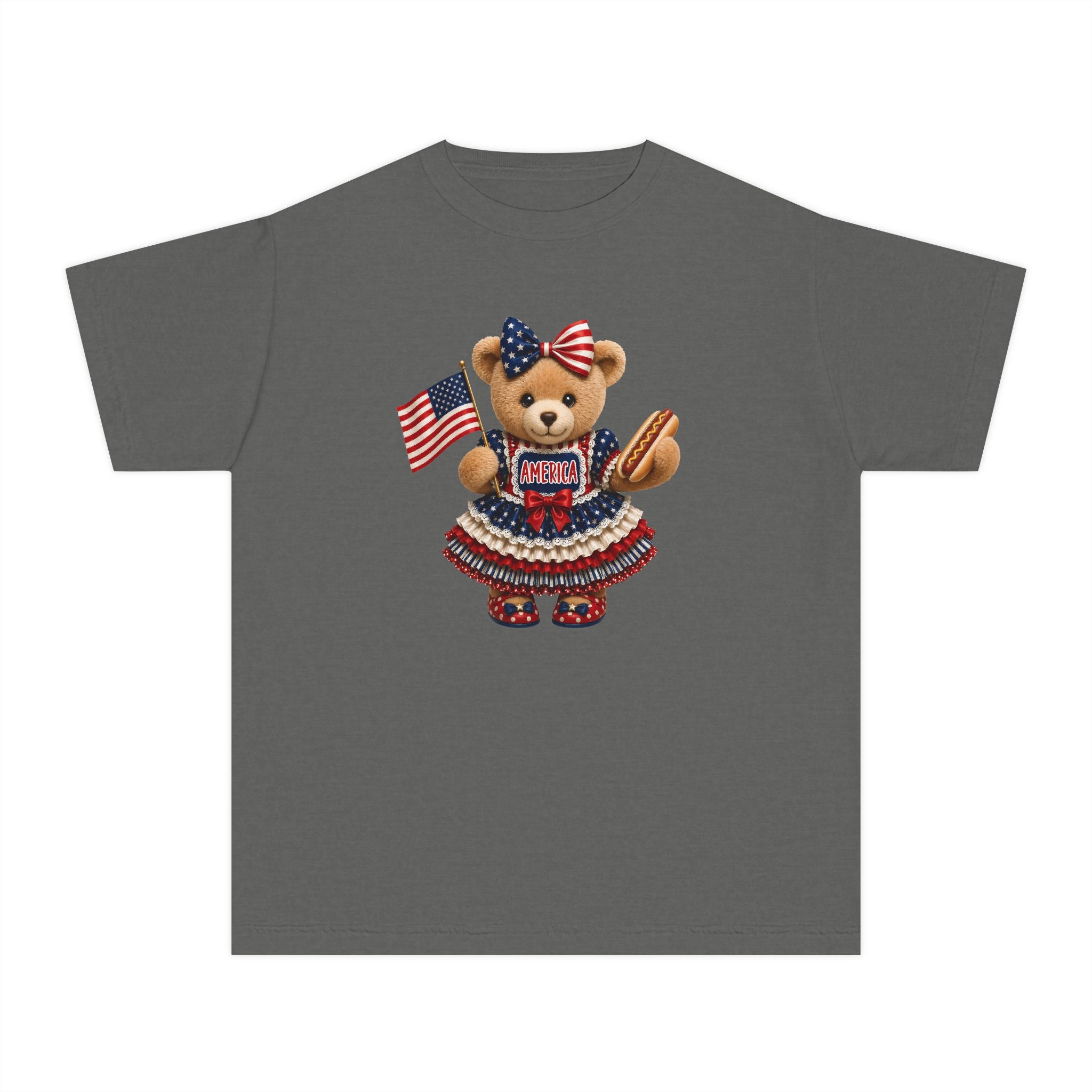 Youth Tee - Patriotic Bear Holding American Flag (4th of July Kids Shirt)