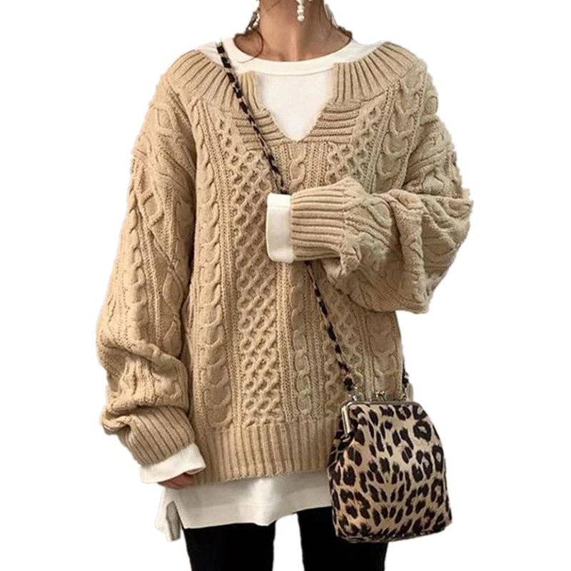 Women Cable Knit Sweater Casual Ribbed Pattern Knit Top: Black / M