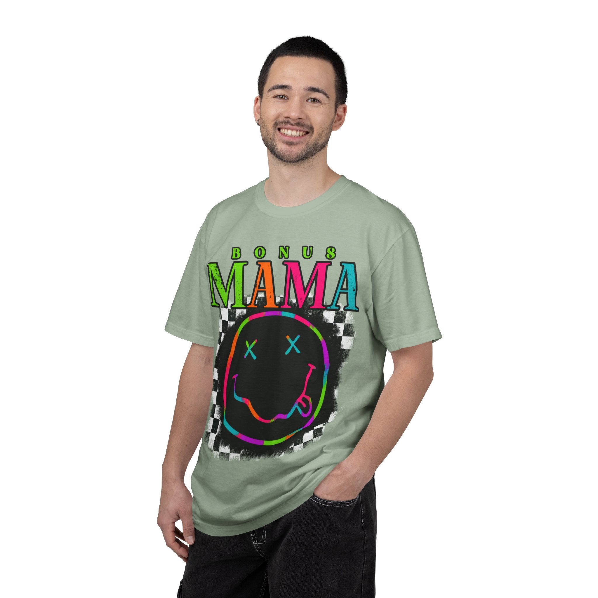 Bonus Mama Graphic T-Shirt — Neon Smiley Checkerboard Retro Tee