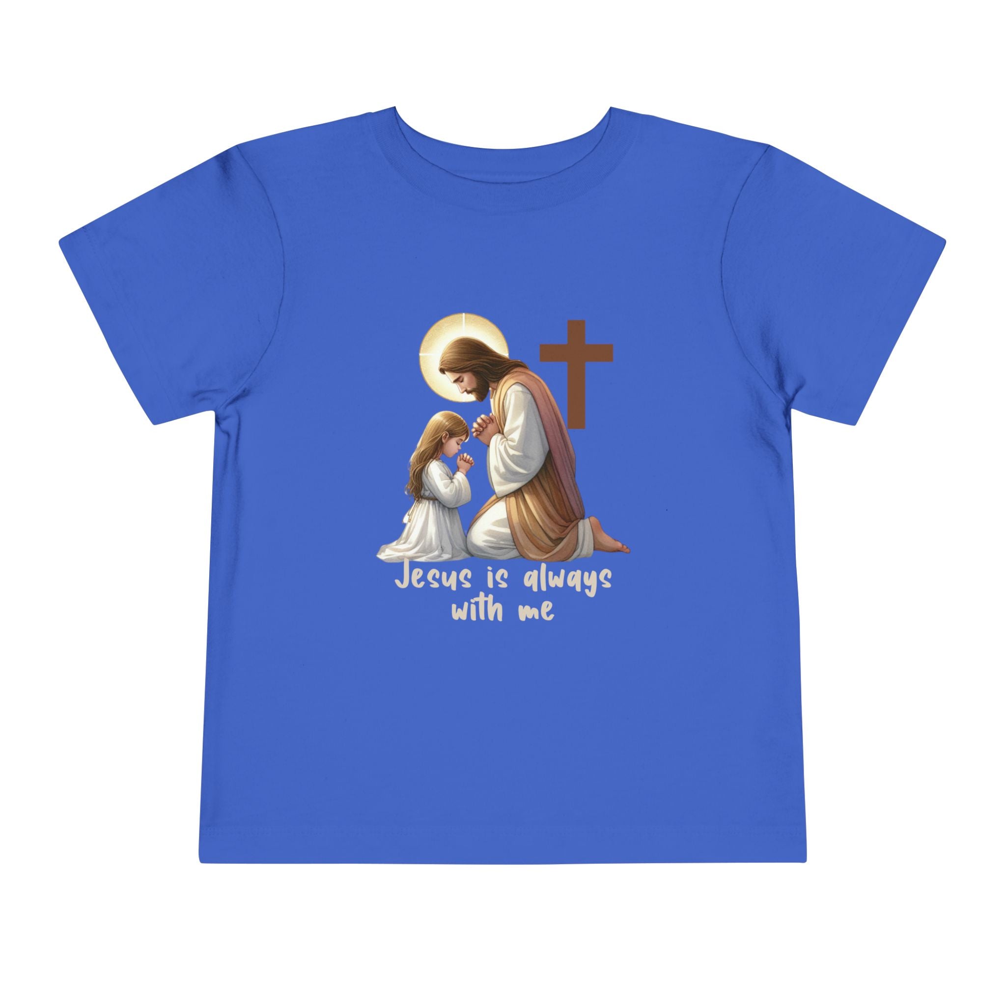 Toddler Tee — "Jesus is Always With Me" Kids Christian Shirt (Praying Jesus & Cross)