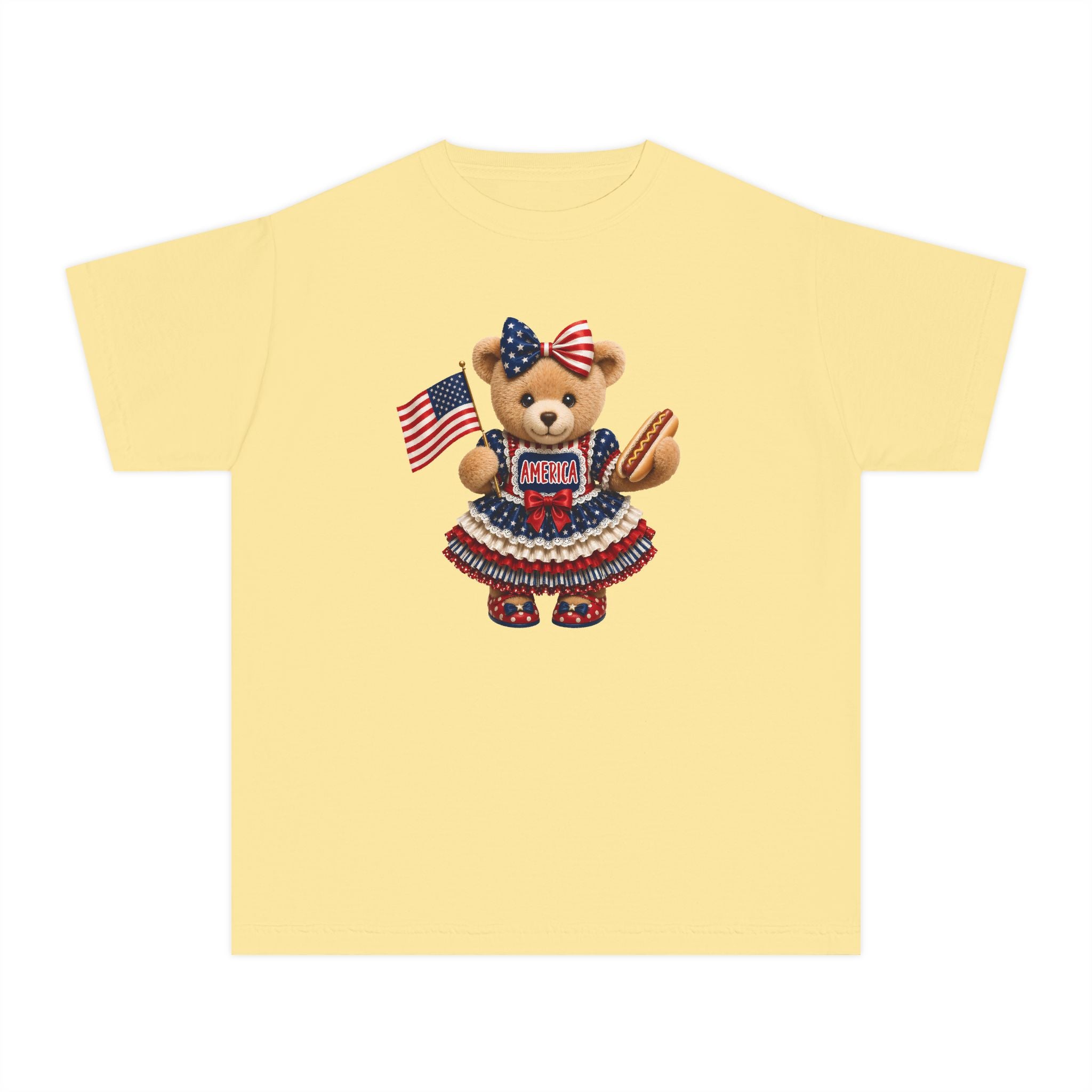 Youth Tee - Patriotic Bear Holding American Flag (4th of July Kids Shirt)