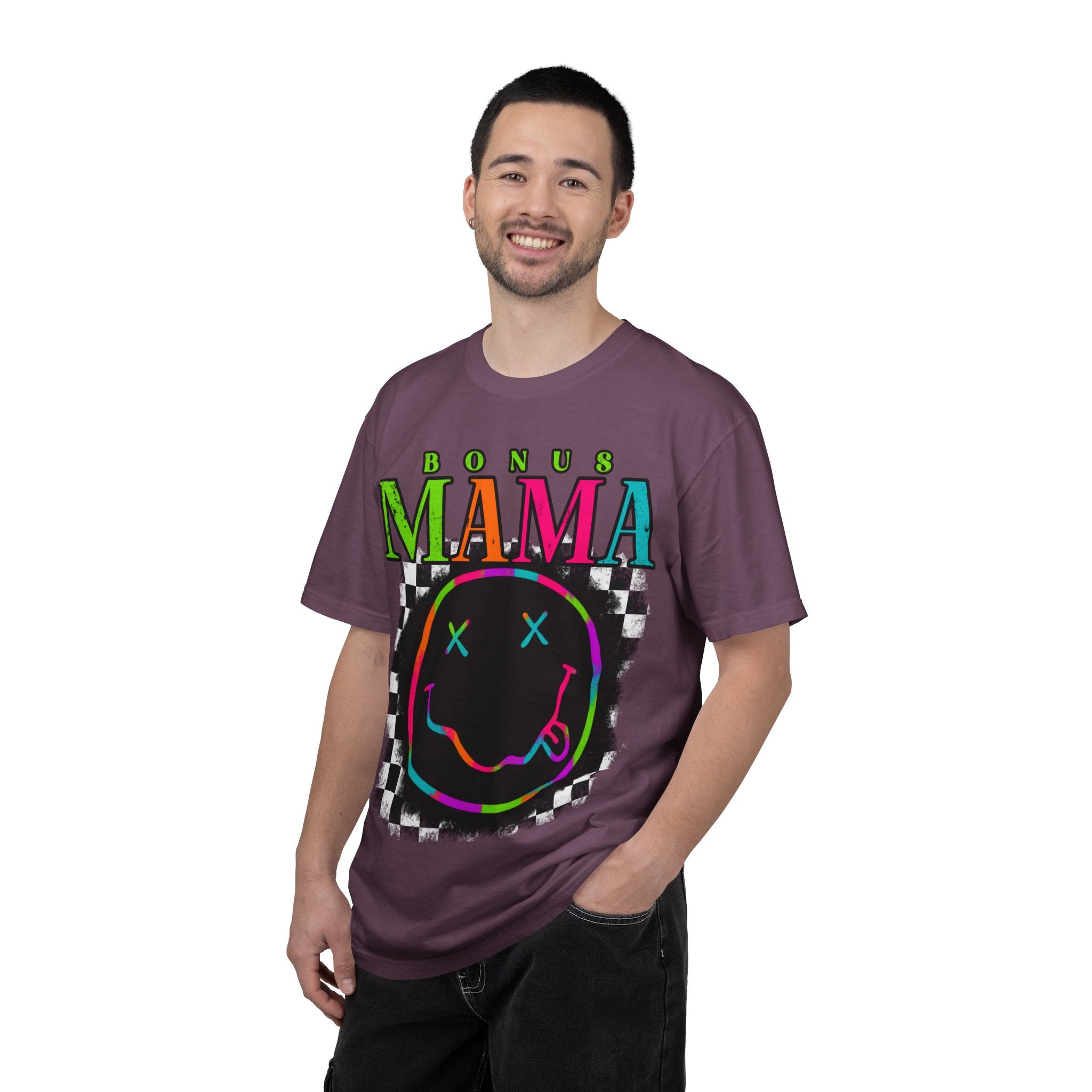 Bonus Mama Graphic T-Shirt — Neon Smiley Checkerboard Retro Tee