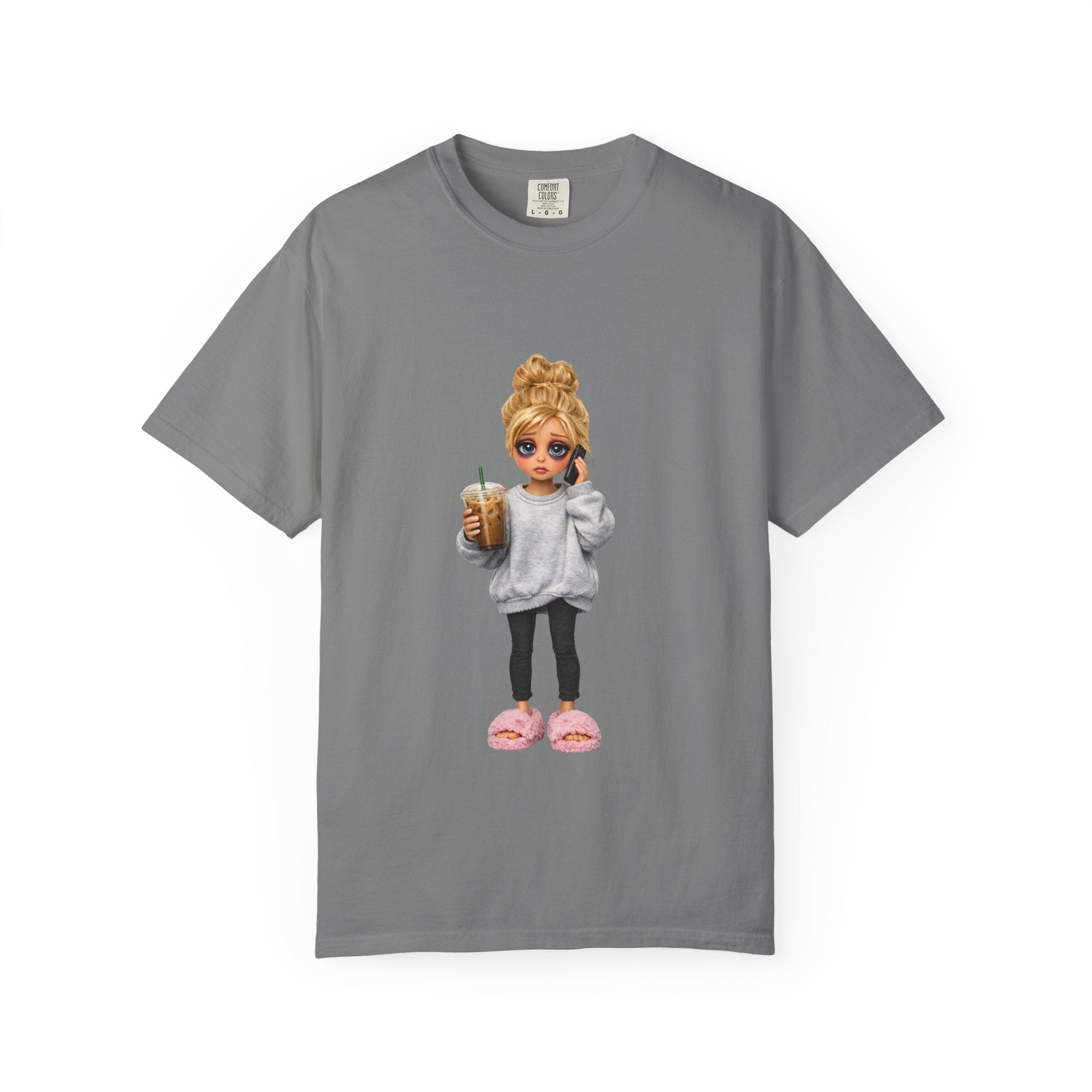Cozy Morning Doll Graphic T-Shirt — Cute Girl in Slippers Coffee Tee