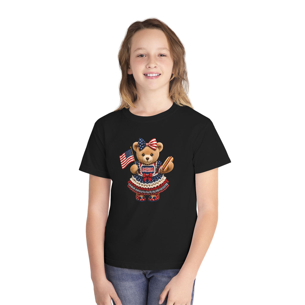Youth Tee - Patriotic Bear Holding American Flag (4th of July Kids Shirt)