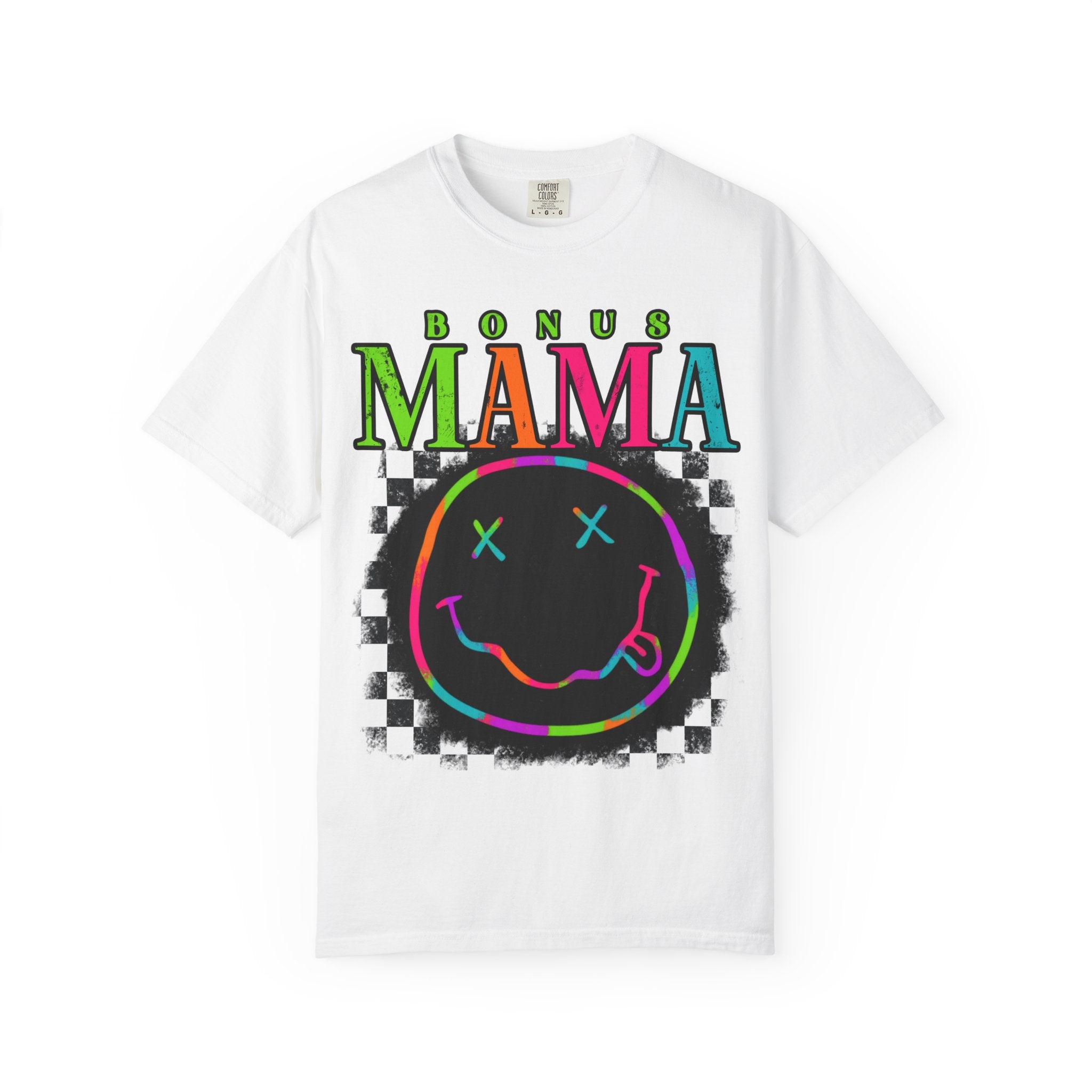 Bonus Mama Graphic T-Shirt — Neon Smiley Checkerboard Retro Tee