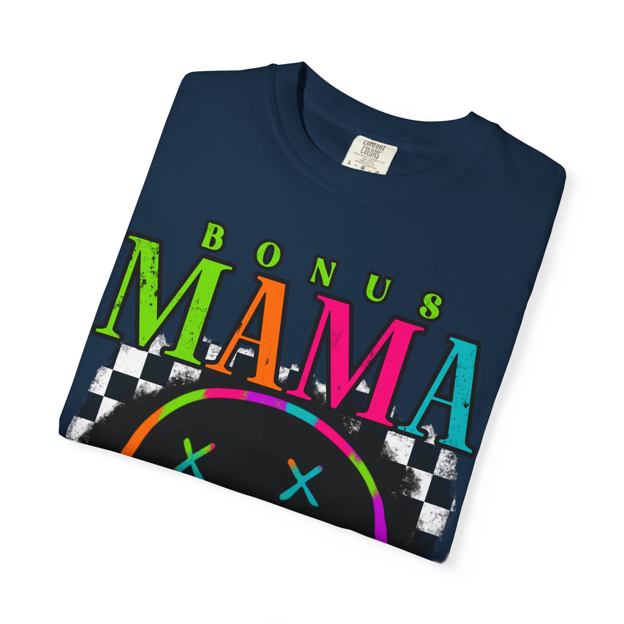 Bonus Mama Graphic T-Shirt — Neon Smiley Checkerboard Retro Tee