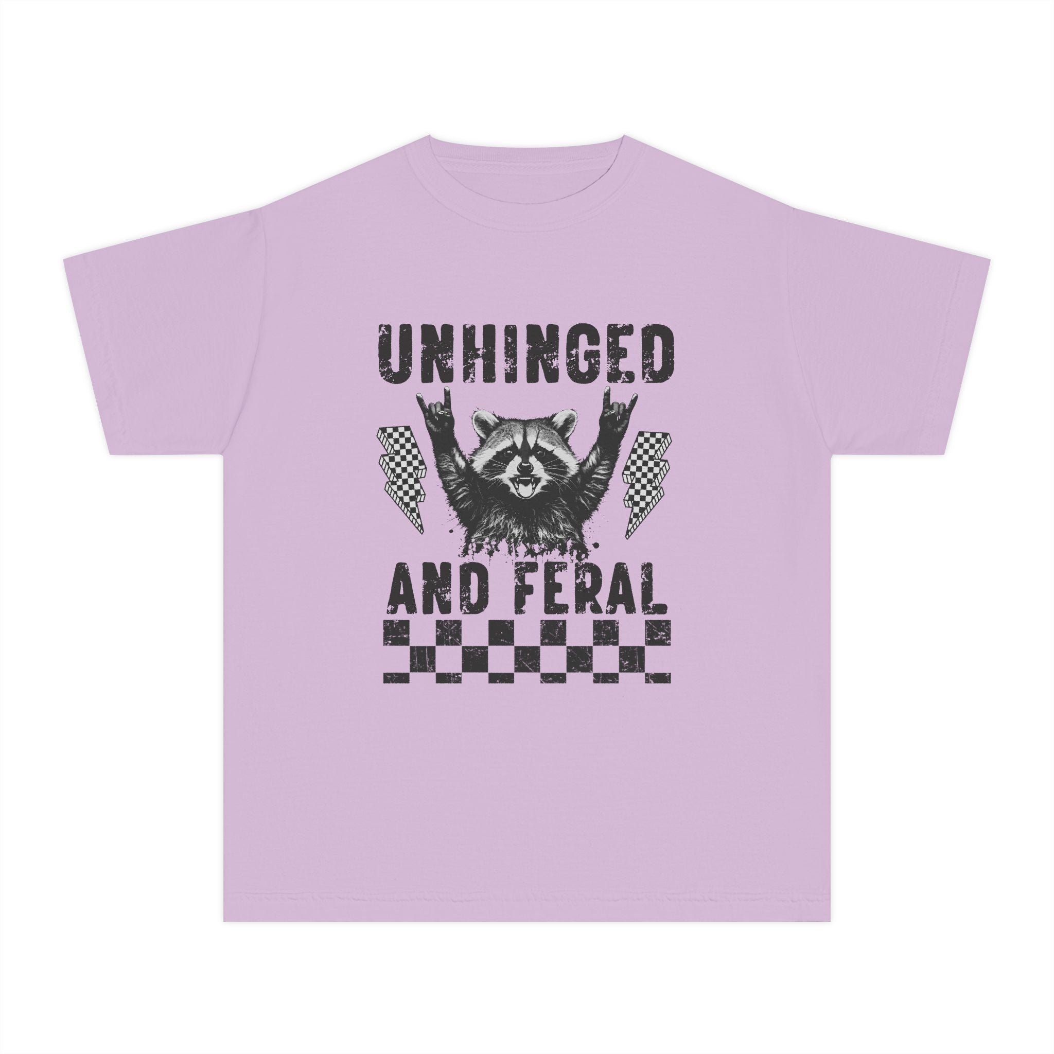 Youth Tee — "Unhinged and Feral" Raccoon Graphic