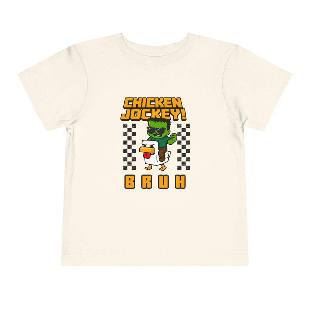 Toddler Tee — "Chicken Jockey! Bruh" Cartoon Racer Chicken Kids Shirt