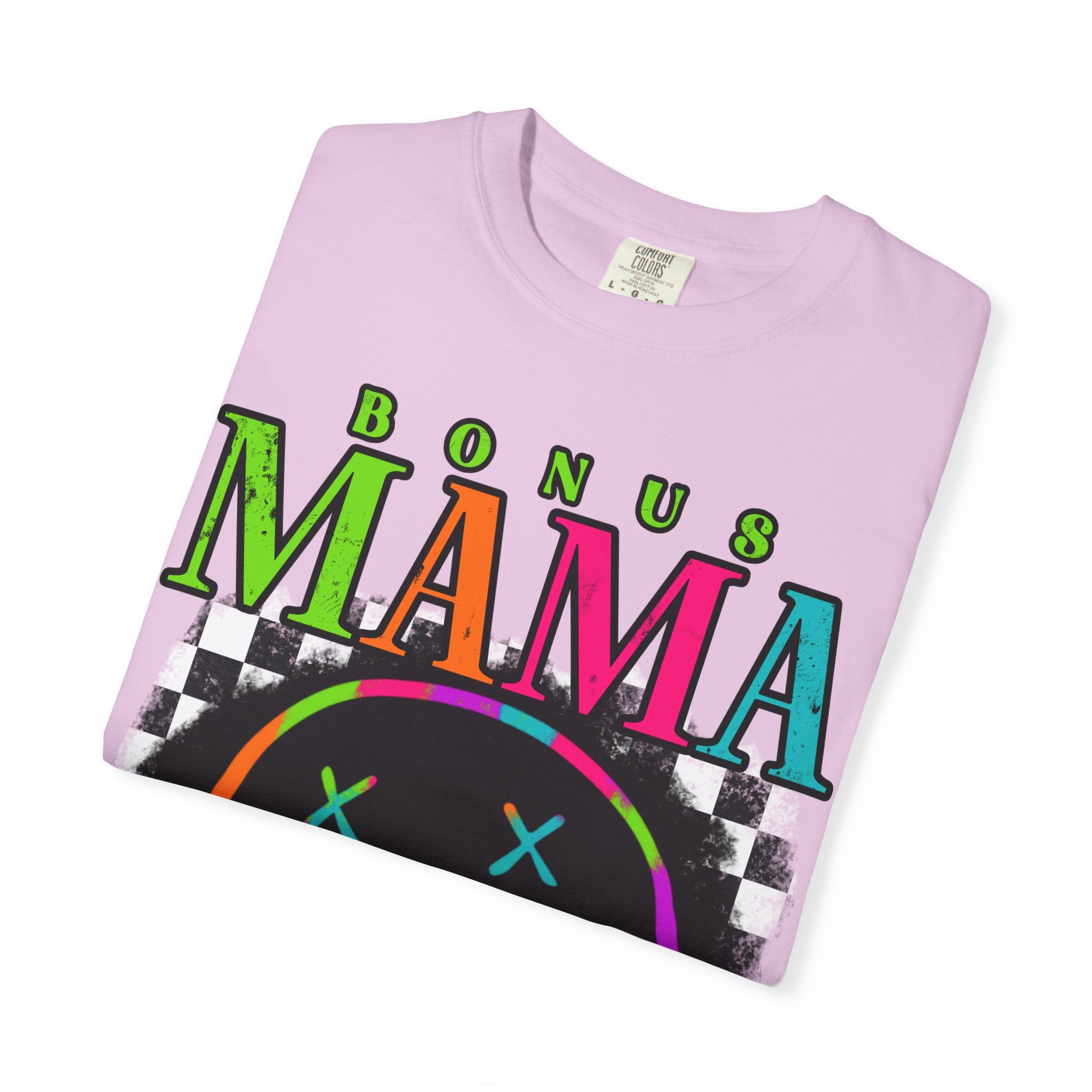 Bonus Mama Graphic T-Shirt — Neon Smiley Checkerboard Retro Tee
