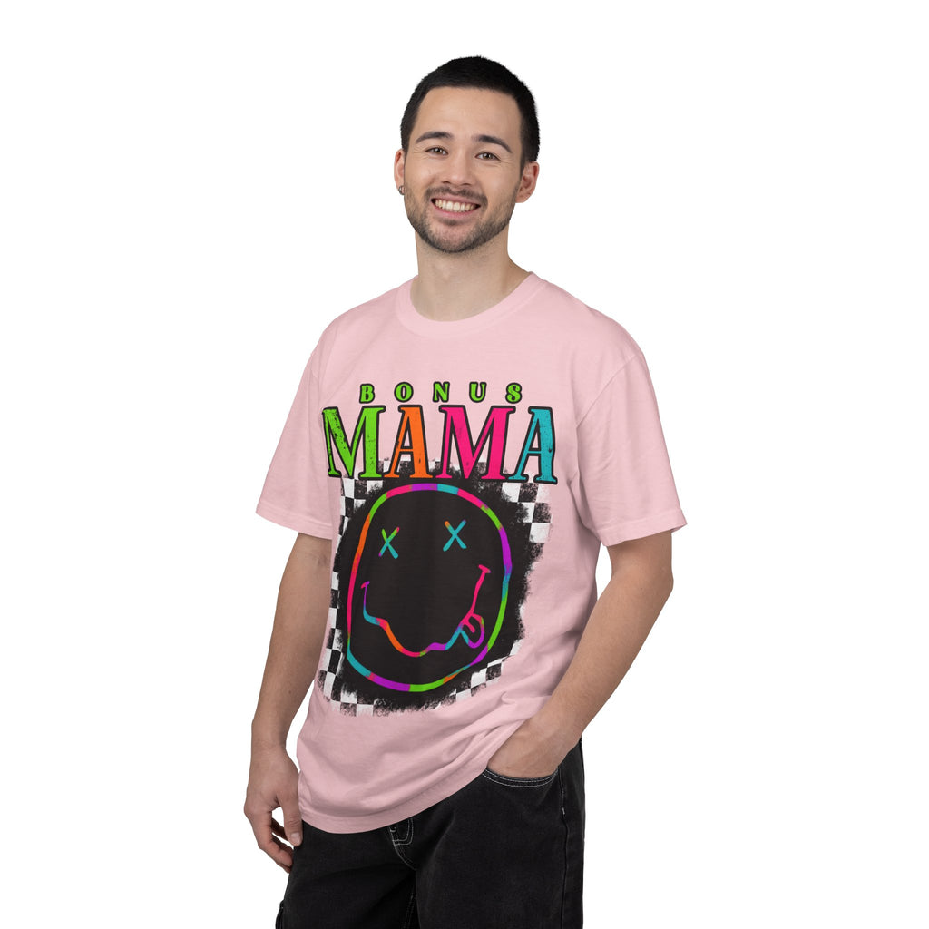 Bonus Mama Graphic T-Shirt — Neon Smiley Checkerboard Retro Tee
