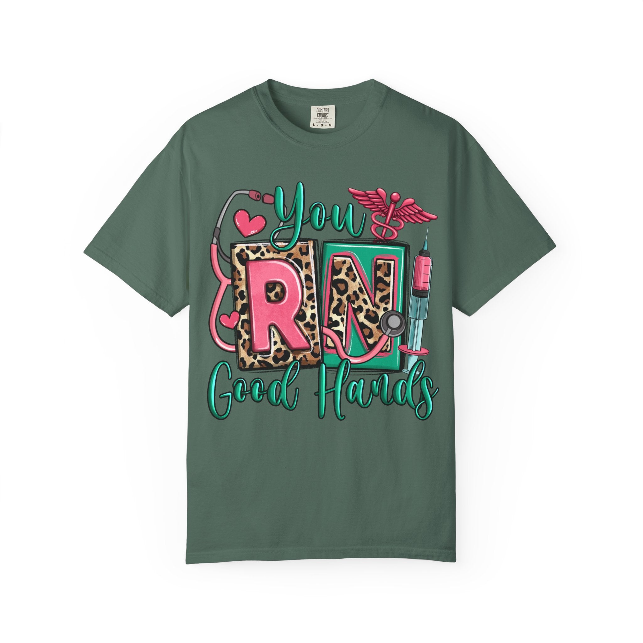 RN Good Hands T-Shirt — Cute Leopard Nurse Graphic Tee for Registered Nurses