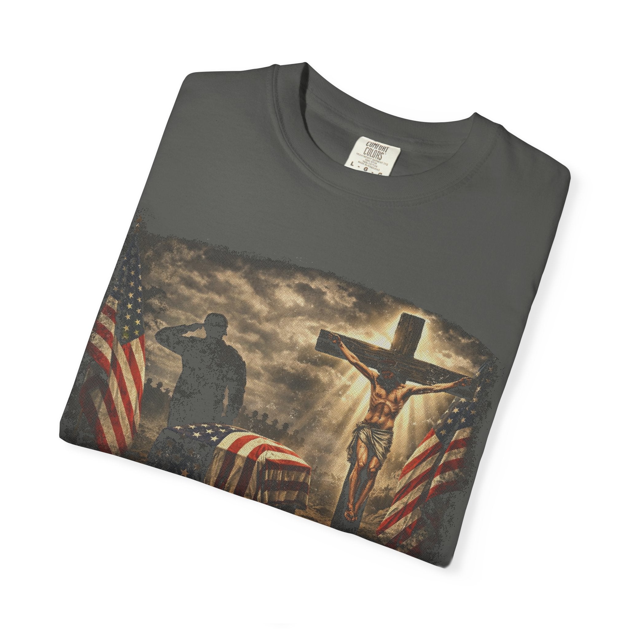 Christian Flag T-Shirt — Jesus on Cross with American Flag Graphic