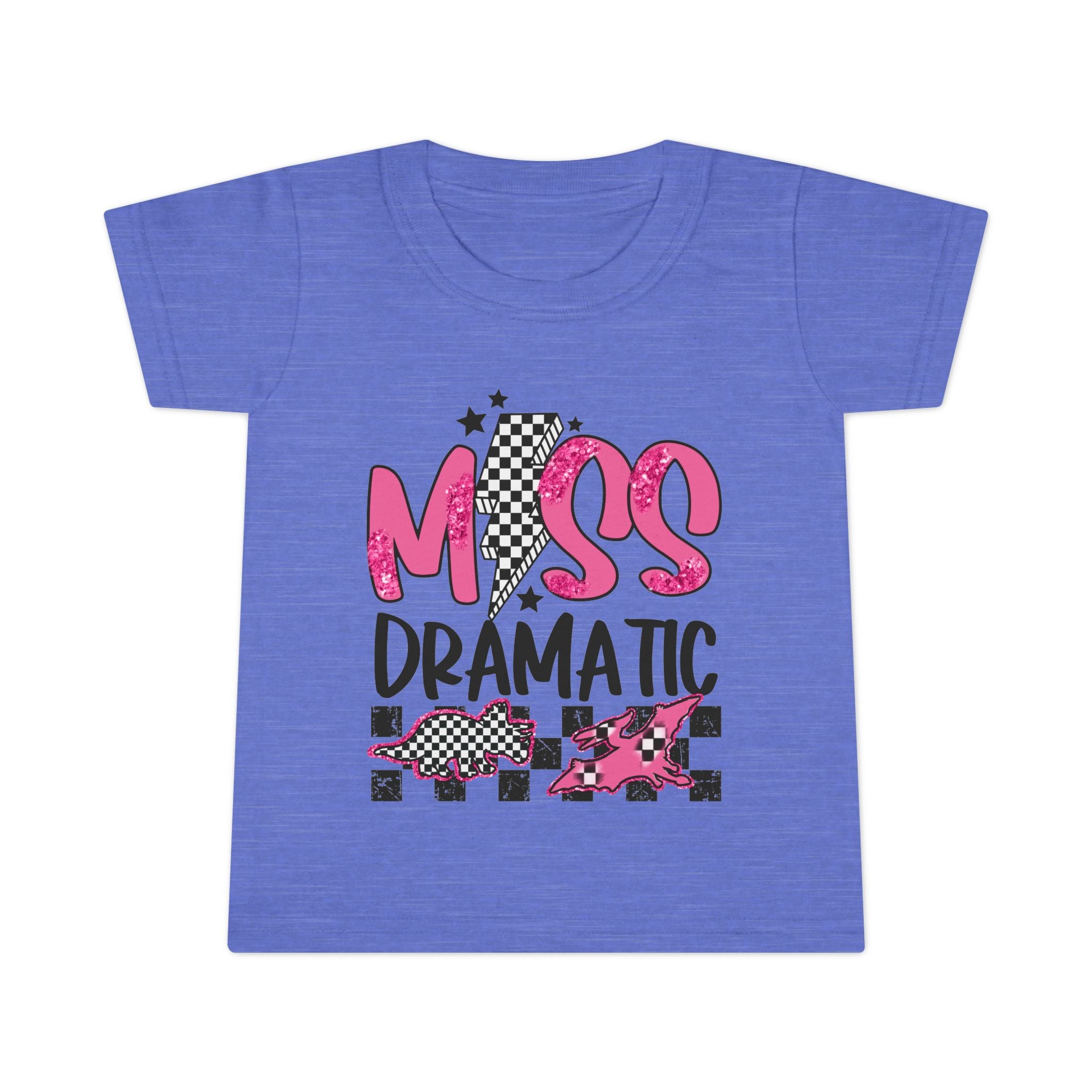 Toddler T-Shirt - "Miss Dramatic" Pink Checkered Dino Graphic