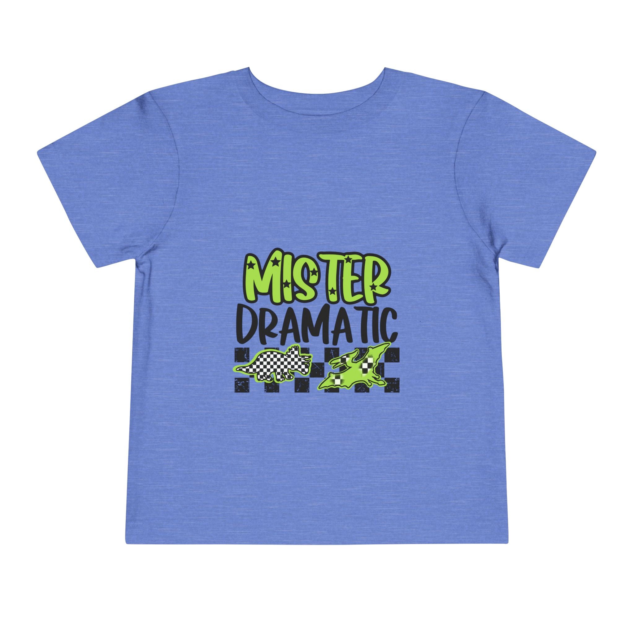 Toddler Tee — "Mister Dramatic" Neon Green Check Dinosaur Shirt