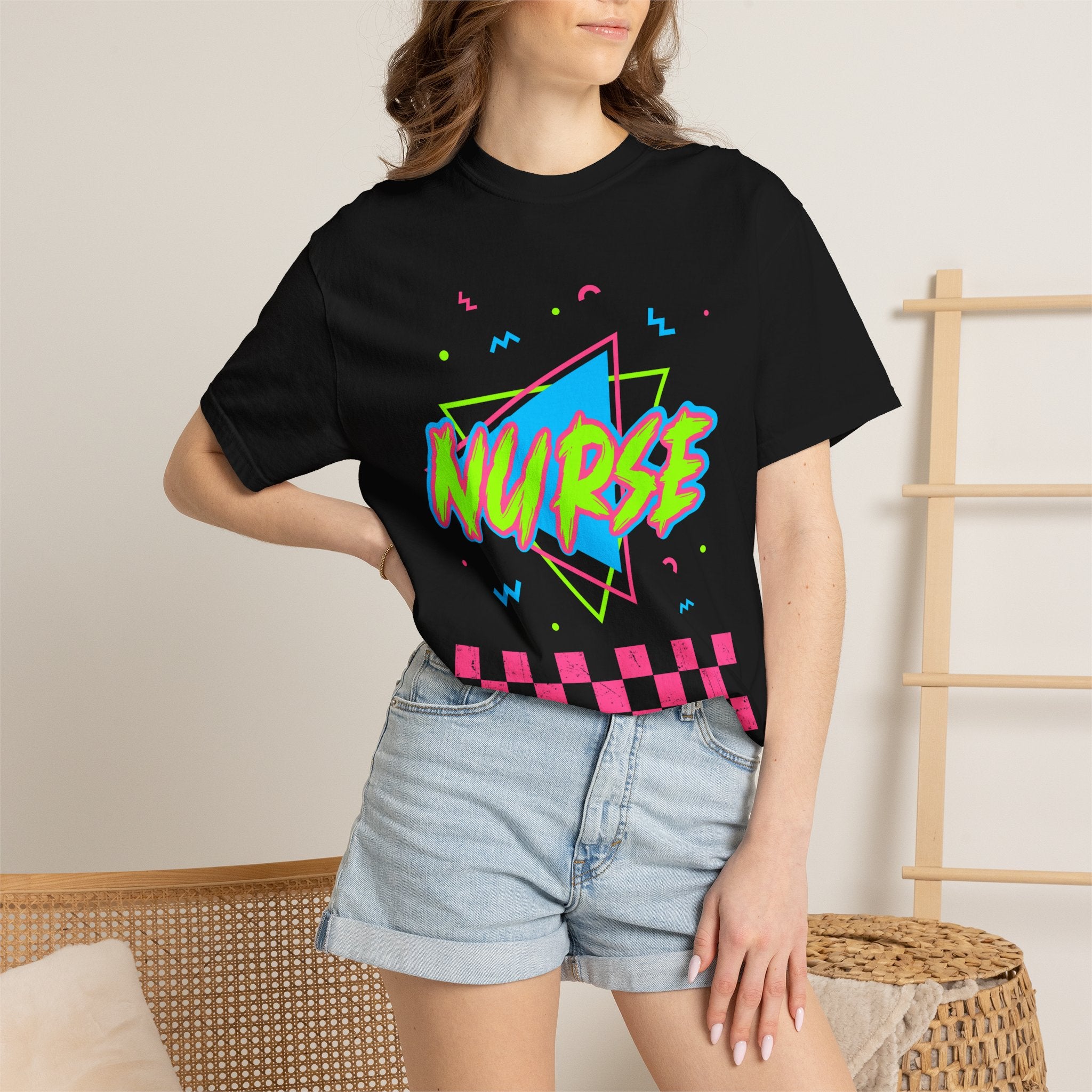 Nurse Retro 90s Graphic T-Shirt — Neon Checkerboard Medical Tee