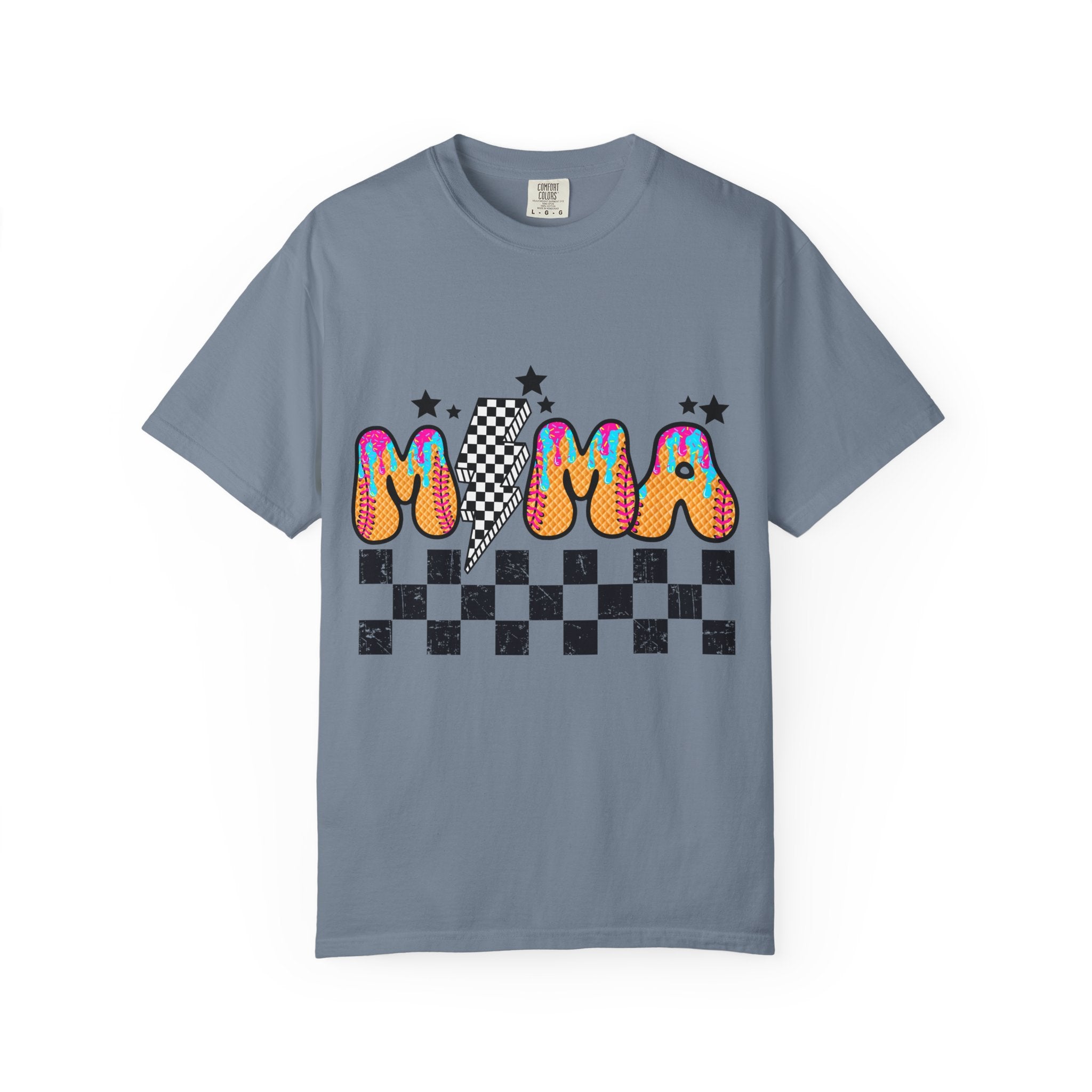 Retro Mama T-Shirt — Colorful Psychedelic 'MAMA' Graphic with Checkerboard