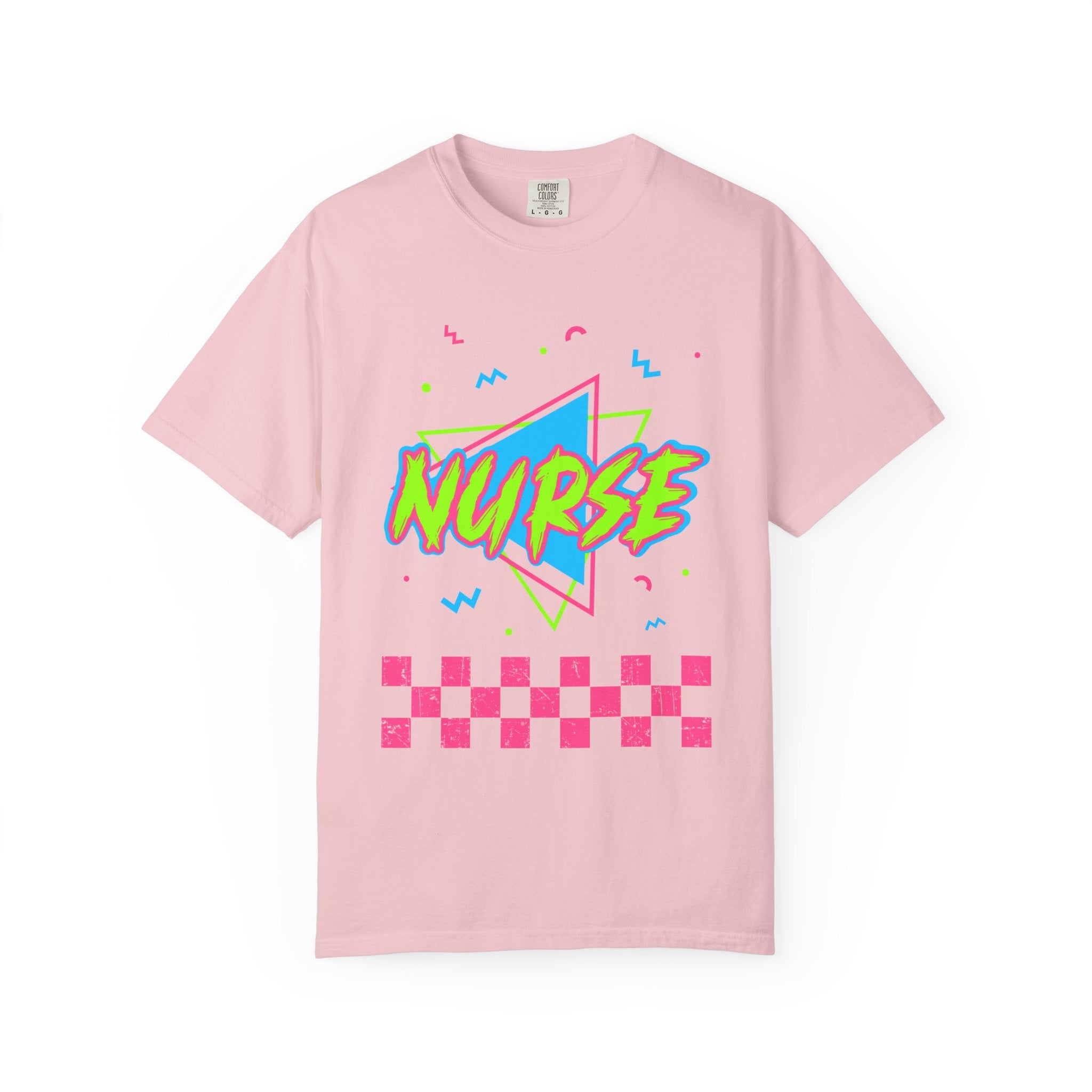 Nurse Retro 90s Graphic T-Shirt — Neon Checkerboard Medical Tee