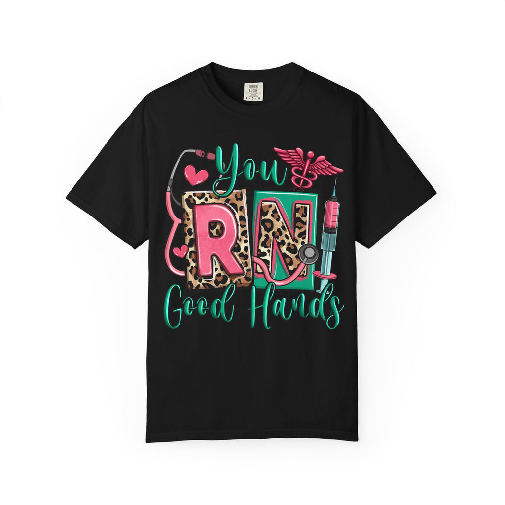 RN Good Hands T-Shirt — Cute Leopard Nurse Graphic Tee for Registered Nurses