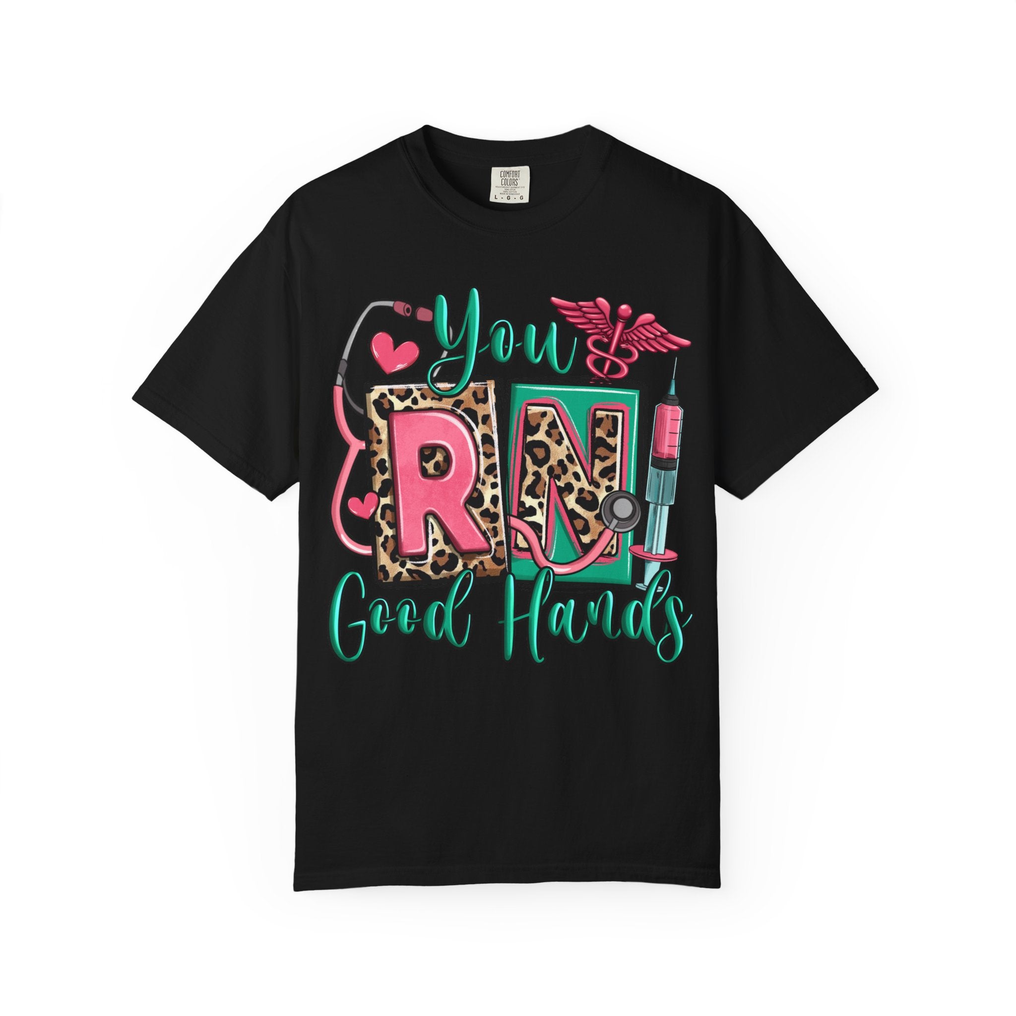 RN Good Hands T-Shirt — Cute Leopard Nurse Graphic Tee for Registered Nurses