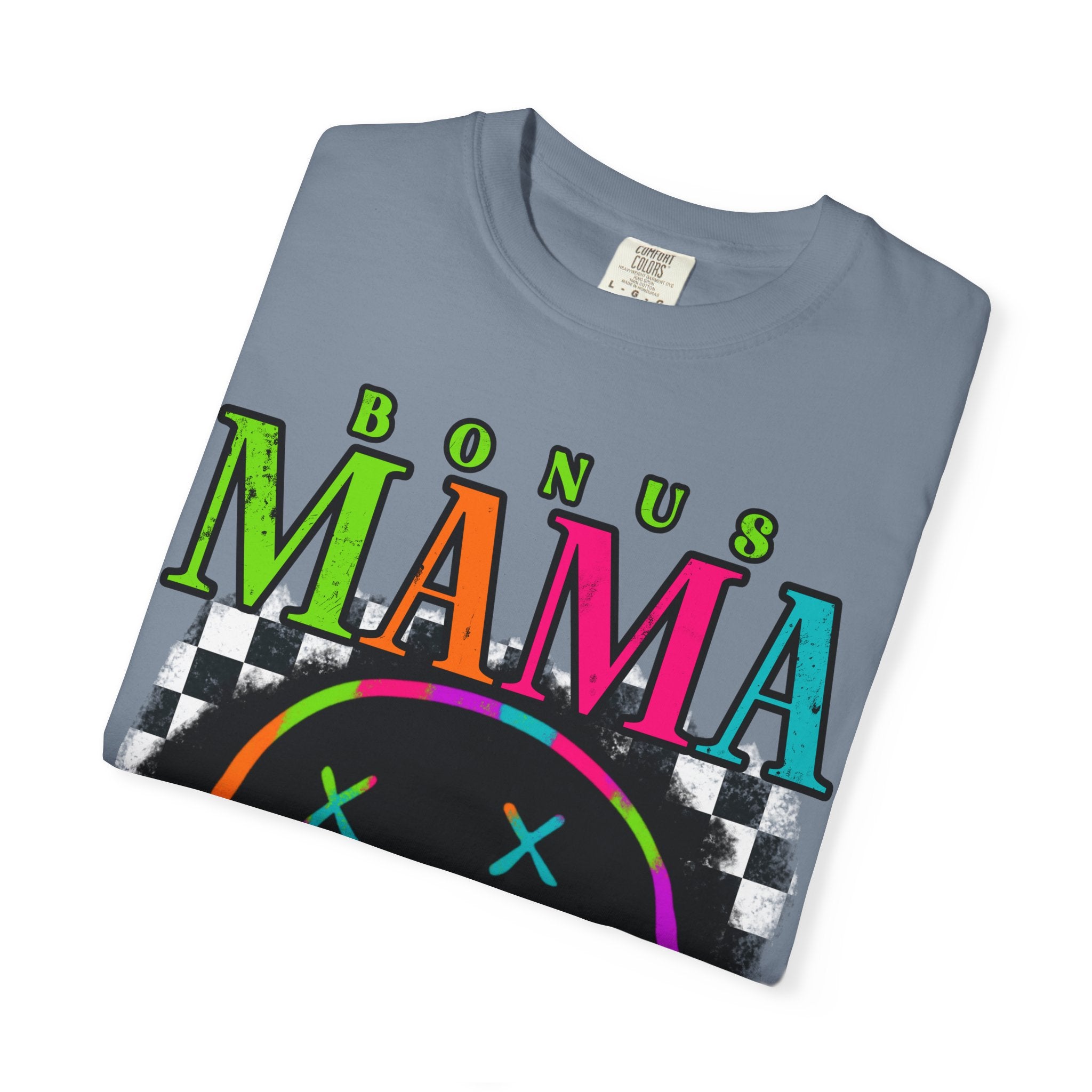 Bonus Mama Graphic T-Shirt — Neon Smiley Checkerboard Retro Tee