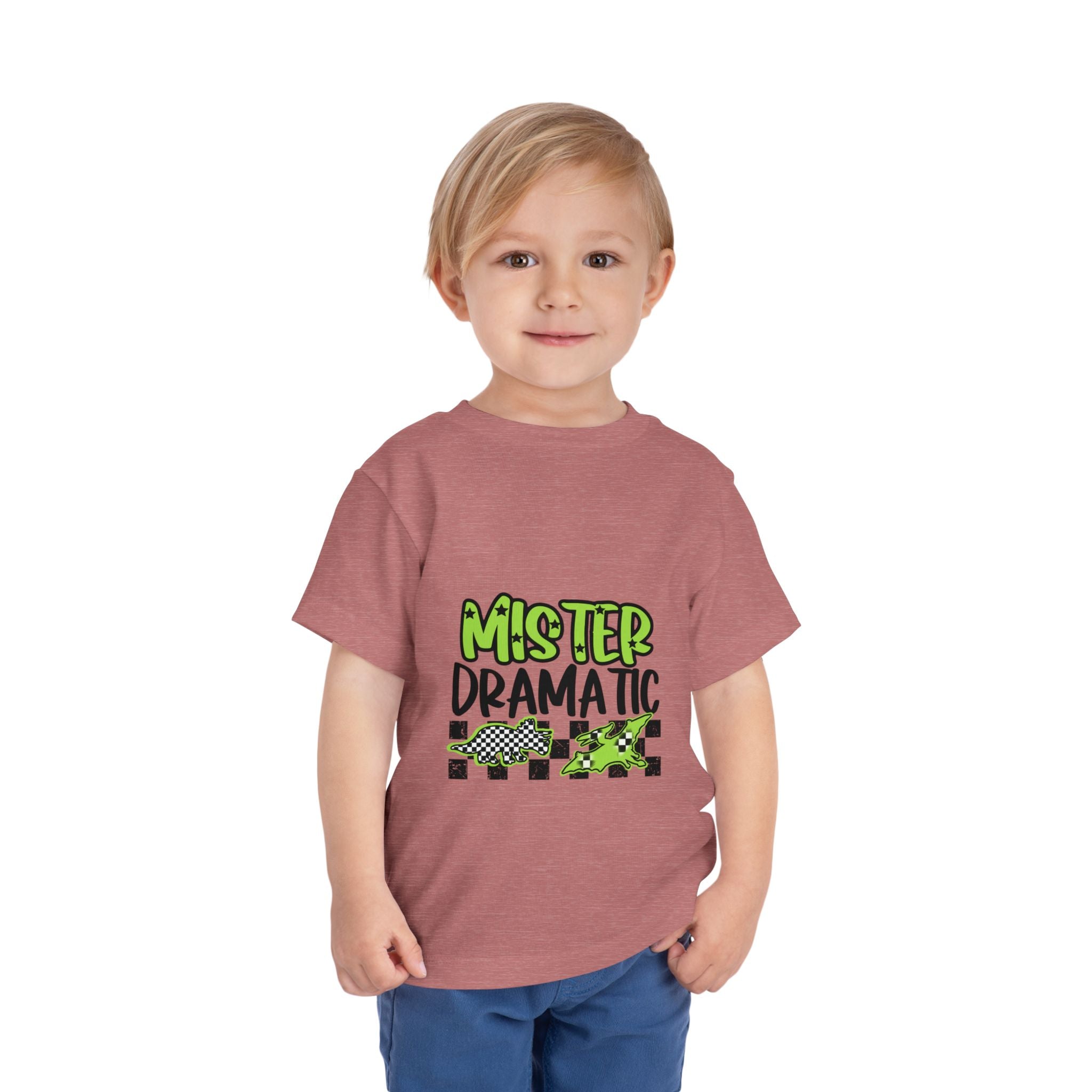 Toddler Tee — "Mister Dramatic" Neon Green Check Dinosaur Shirt