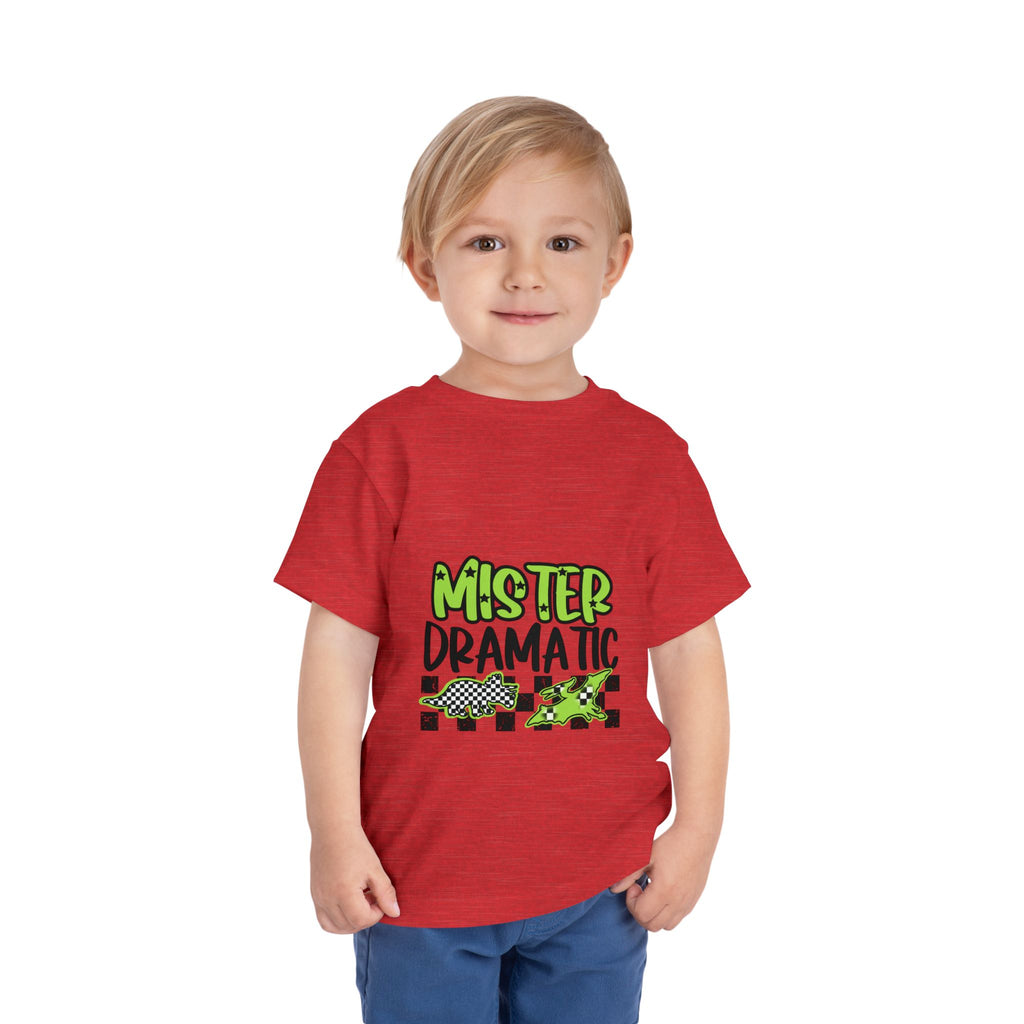 Toddler Tee — "Mister Dramatic" Neon Green Check Dinosaur Shirt