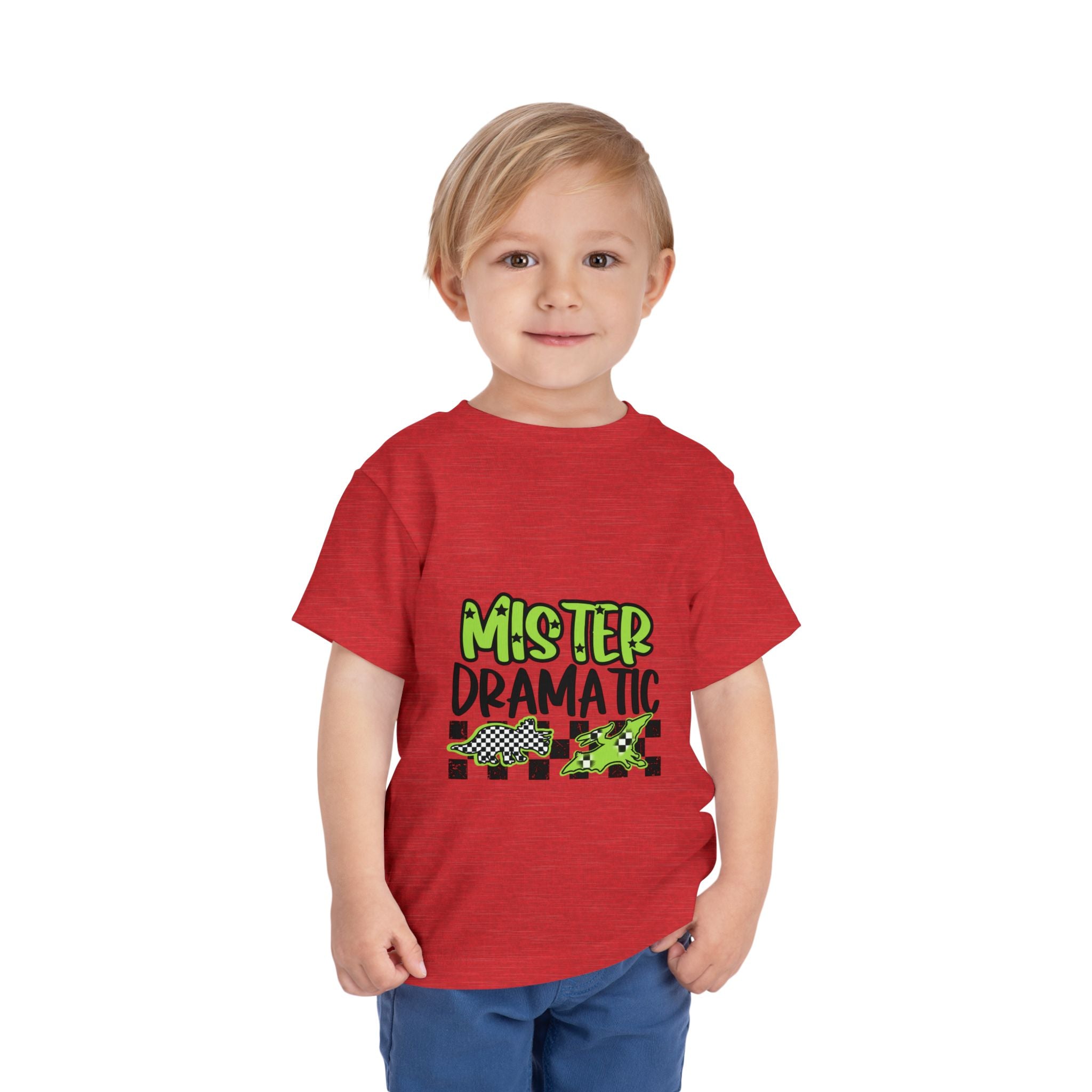Toddler Tee — "Mister Dramatic" Neon Green Check Dinosaur Shirt