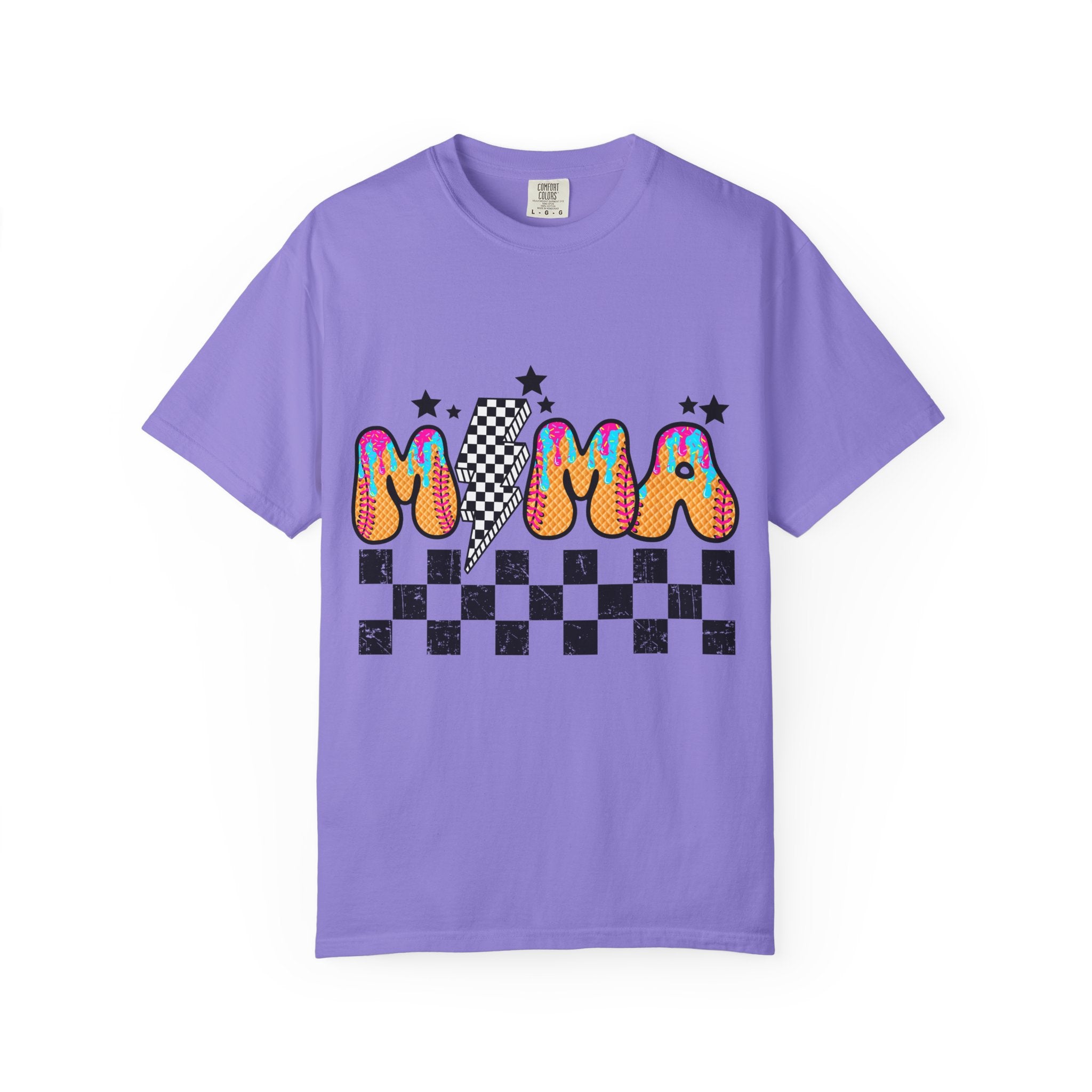 Retro Mama T-Shirt — Colorful Psychedelic 'MAMA' Graphic with Checkerboard