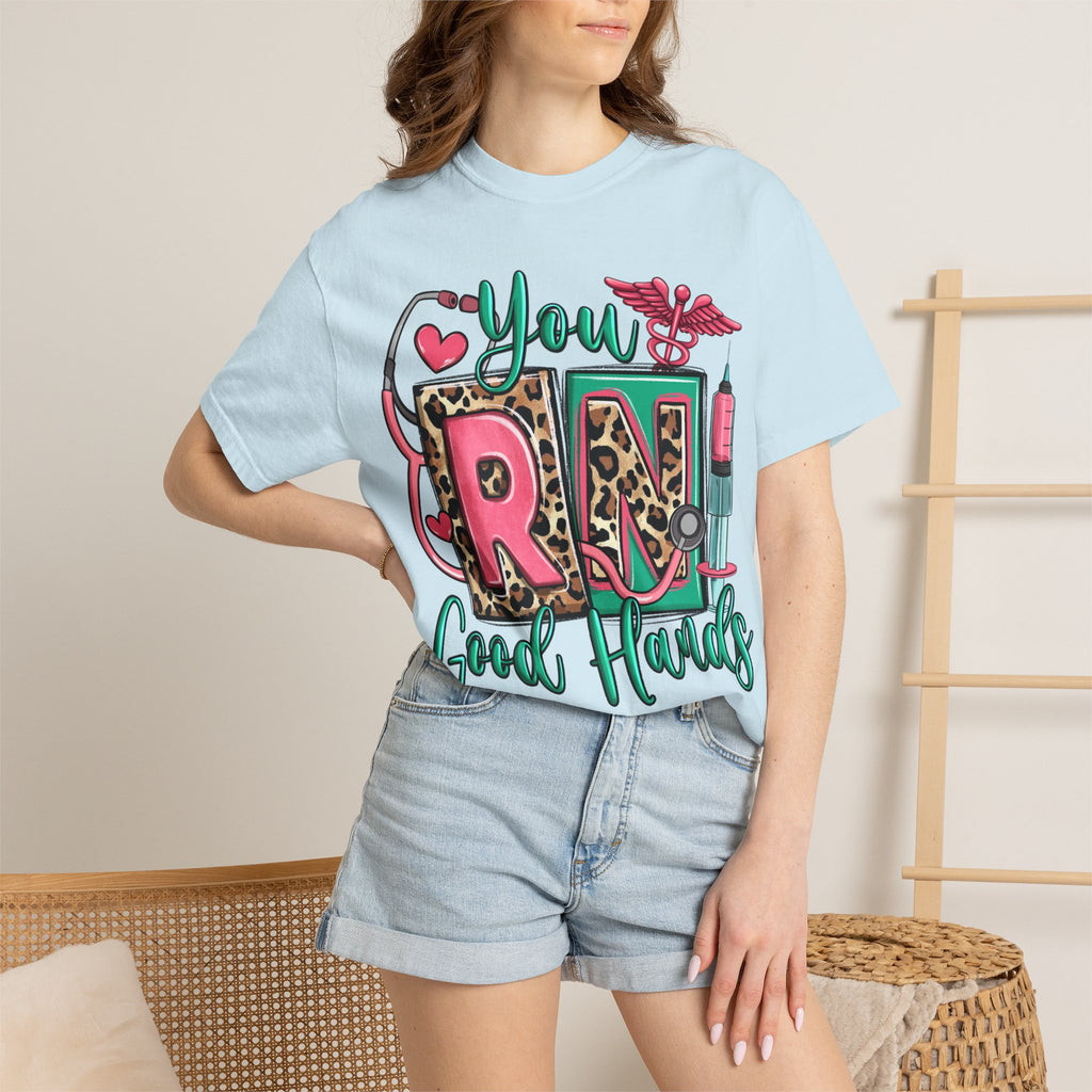 RN Good Hands T-Shirt — Cute Leopard Nurse Graphic Tee for Registered Nurses
