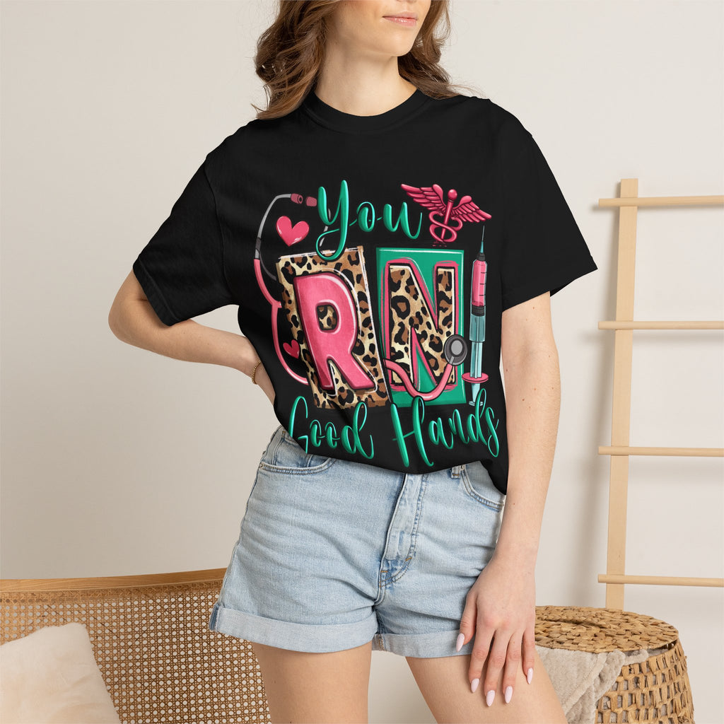 RN Good Hands T-Shirt — Cute Leopard Nurse Graphic Tee for Registered Nurses