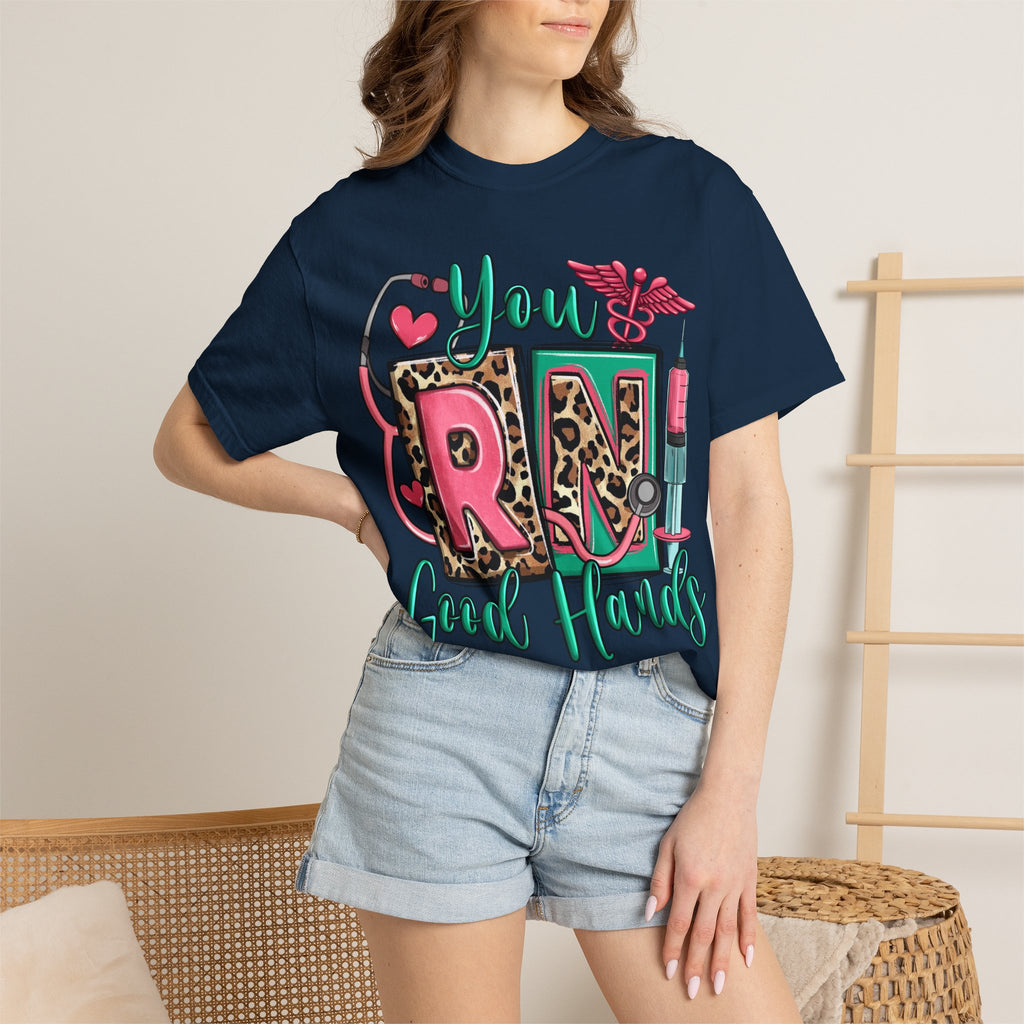 RN Good Hands T-Shirt — Cute Leopard Nurse Graphic Tee for Registered Nurses