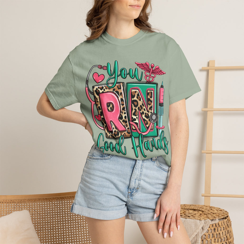 RN Good Hands T-Shirt — Cute Leopard Nurse Graphic Tee for Registered Nurses
