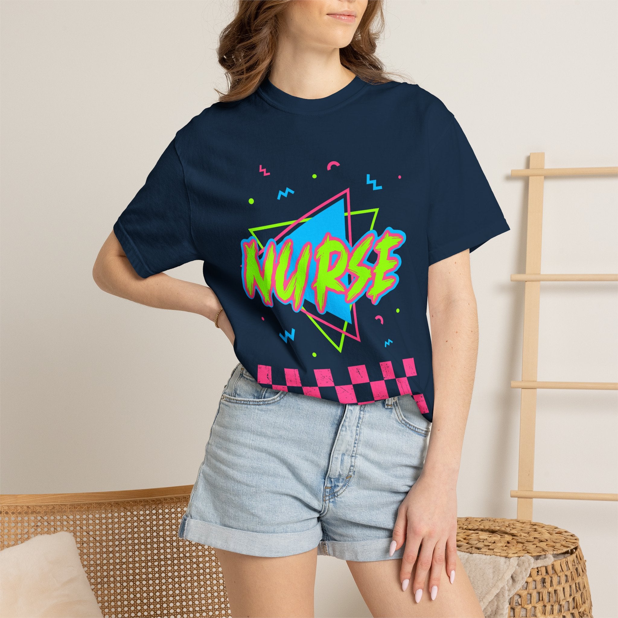 Nurse Retro 90s Graphic T-Shirt — Neon Checkerboard Medical Tee