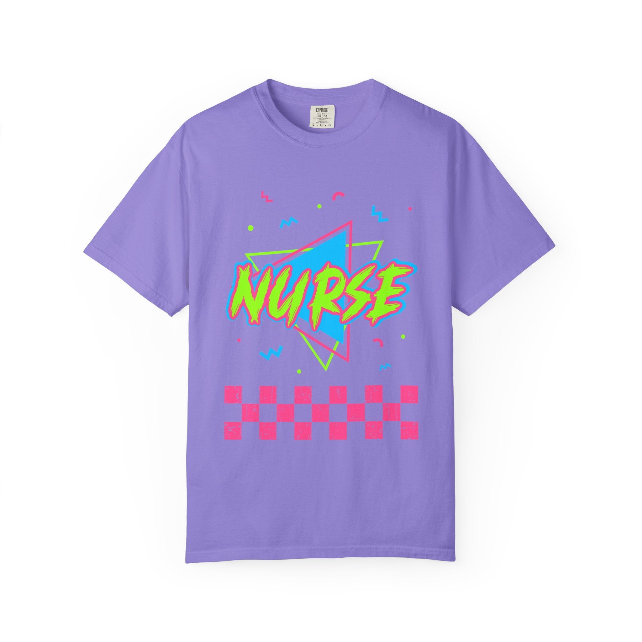 Nurse Retro 90s Graphic T-Shirt — Neon Checkerboard Medical Tee