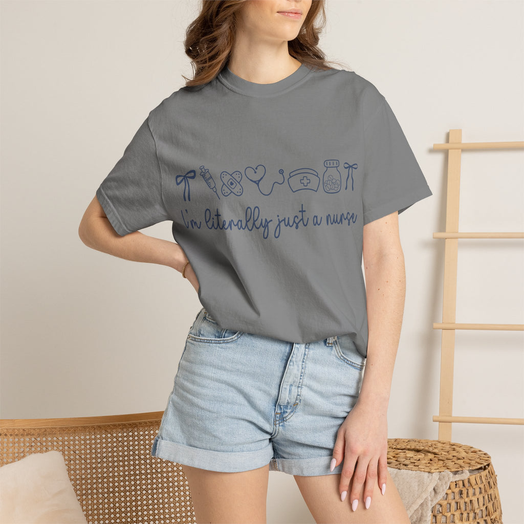 Nurse Crewneck T-Shirt — "I'm Literally Just a Nurse" Minimal Medical Icons Tee