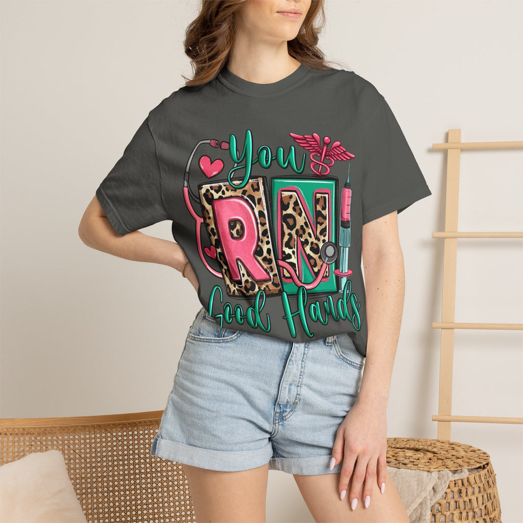 RN Good Hands T-Shirt — Cute Leopard Nurse Graphic Tee for Registered Nurses