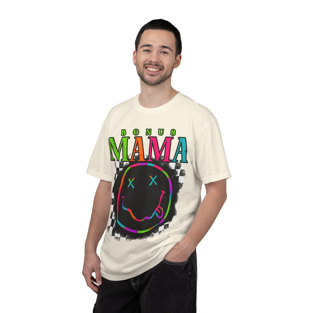 Bonus Mama Graphic T-Shirt — Neon Smiley Checkerboard Retro Tee