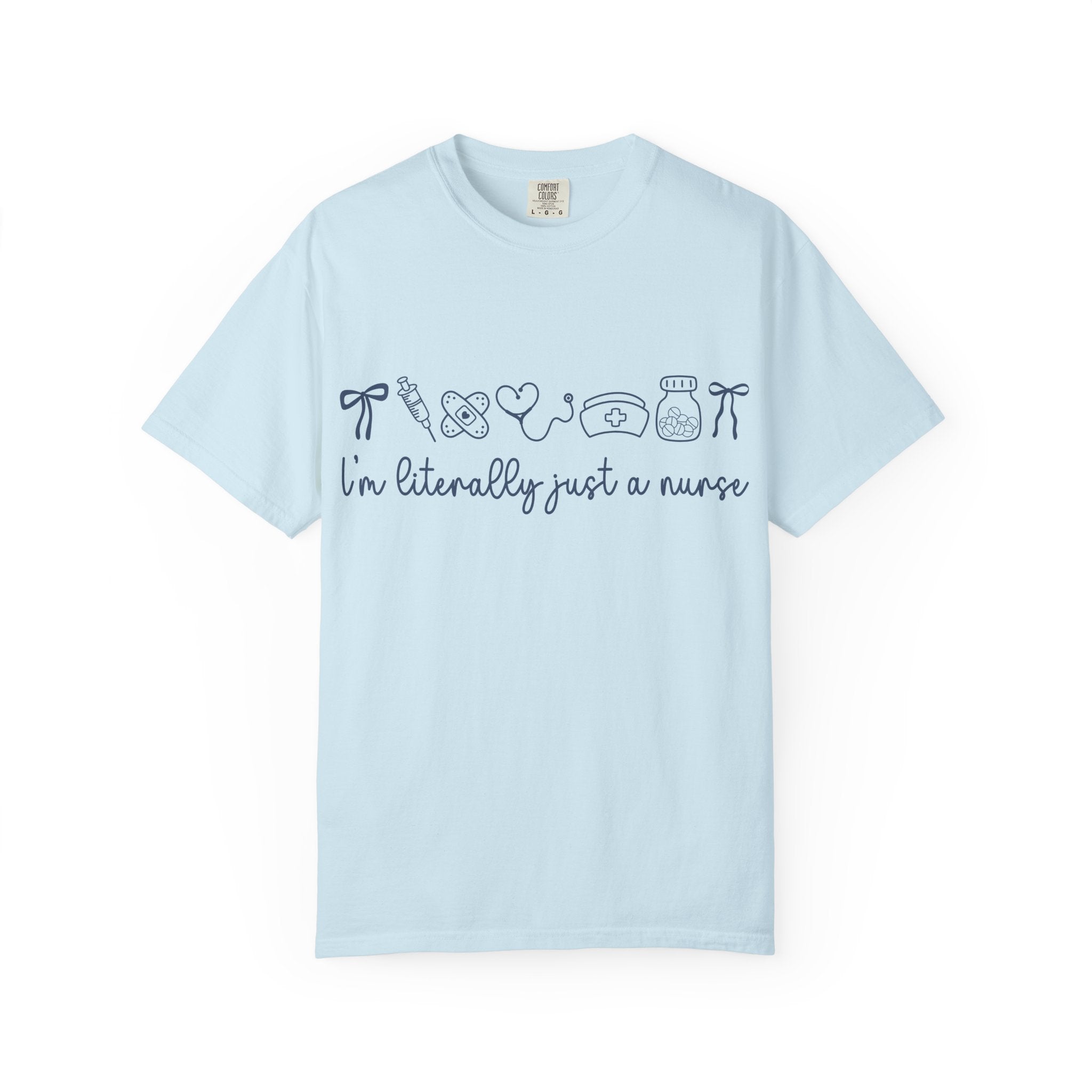 Nurse Crewneck T-Shirt — "I'm Literally Just a Nurse" Minimal Medical Icons Tee