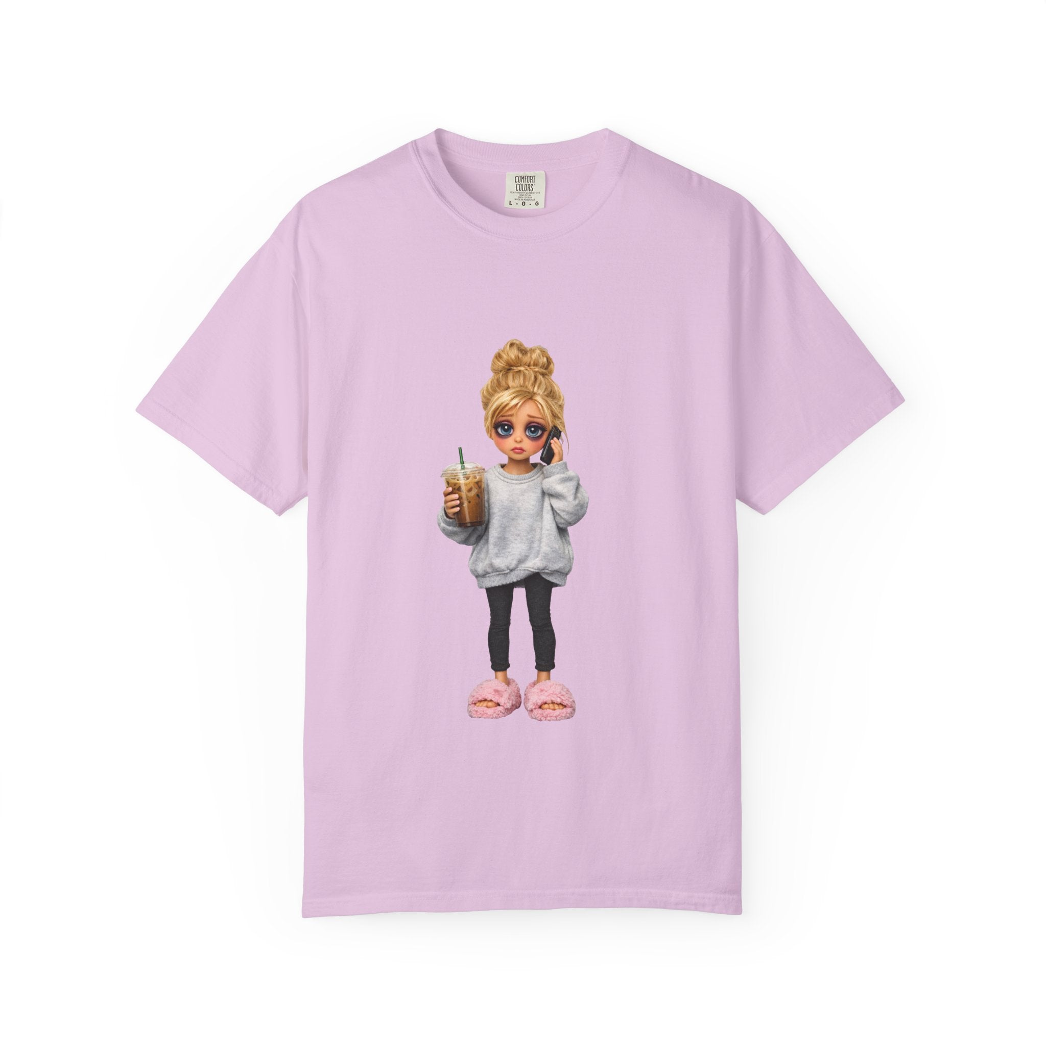 Cozy Morning Doll Graphic T-Shirt — Cute Girl in Slippers Coffee Tee