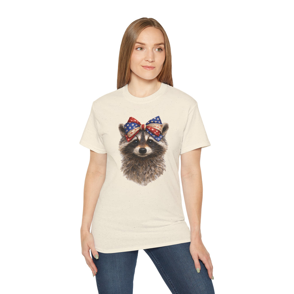 Raccoon with American Flag Bow Tee