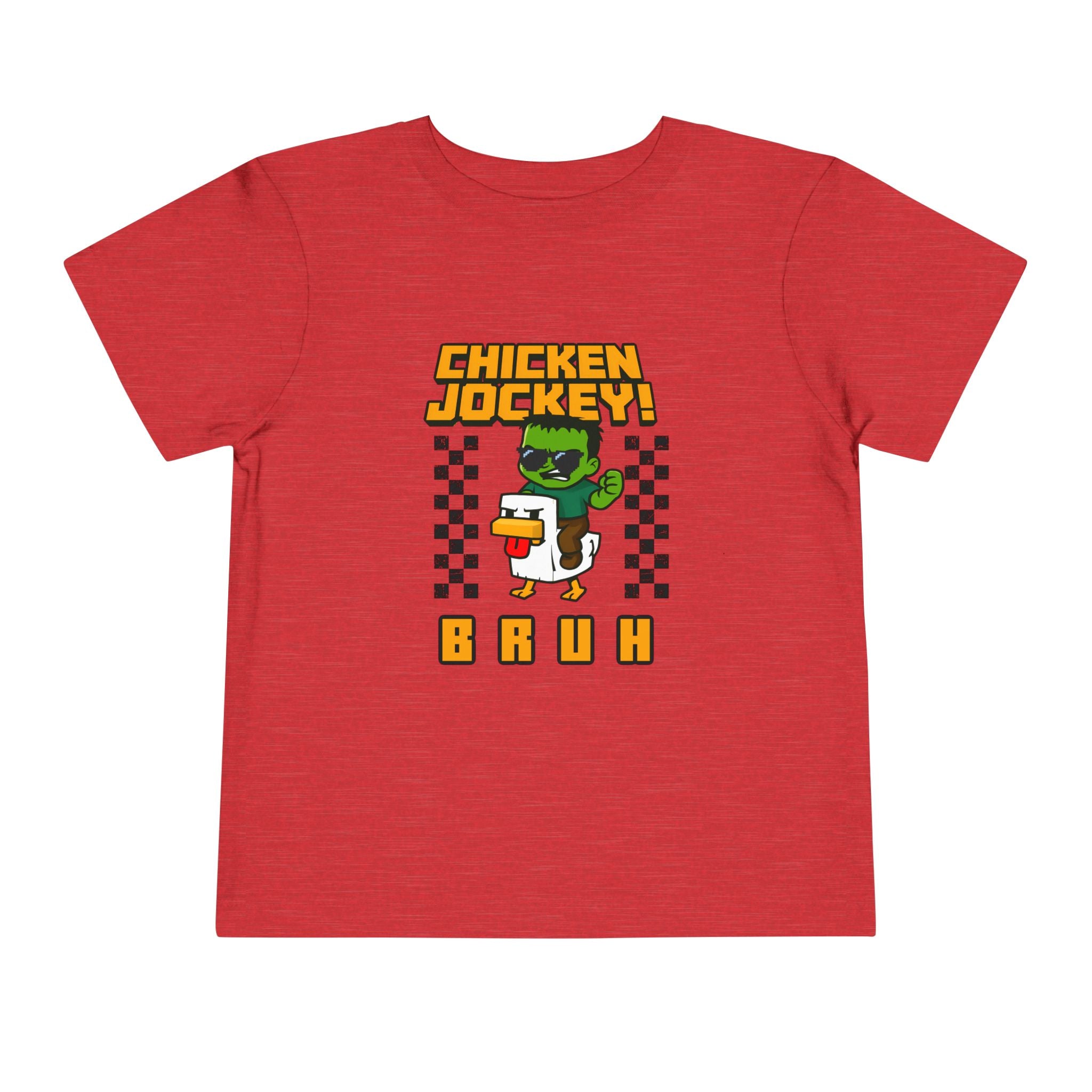 Toddler Tee — "Chicken Jockey! Bruh" Cartoon Racer Chicken Kids Shirt