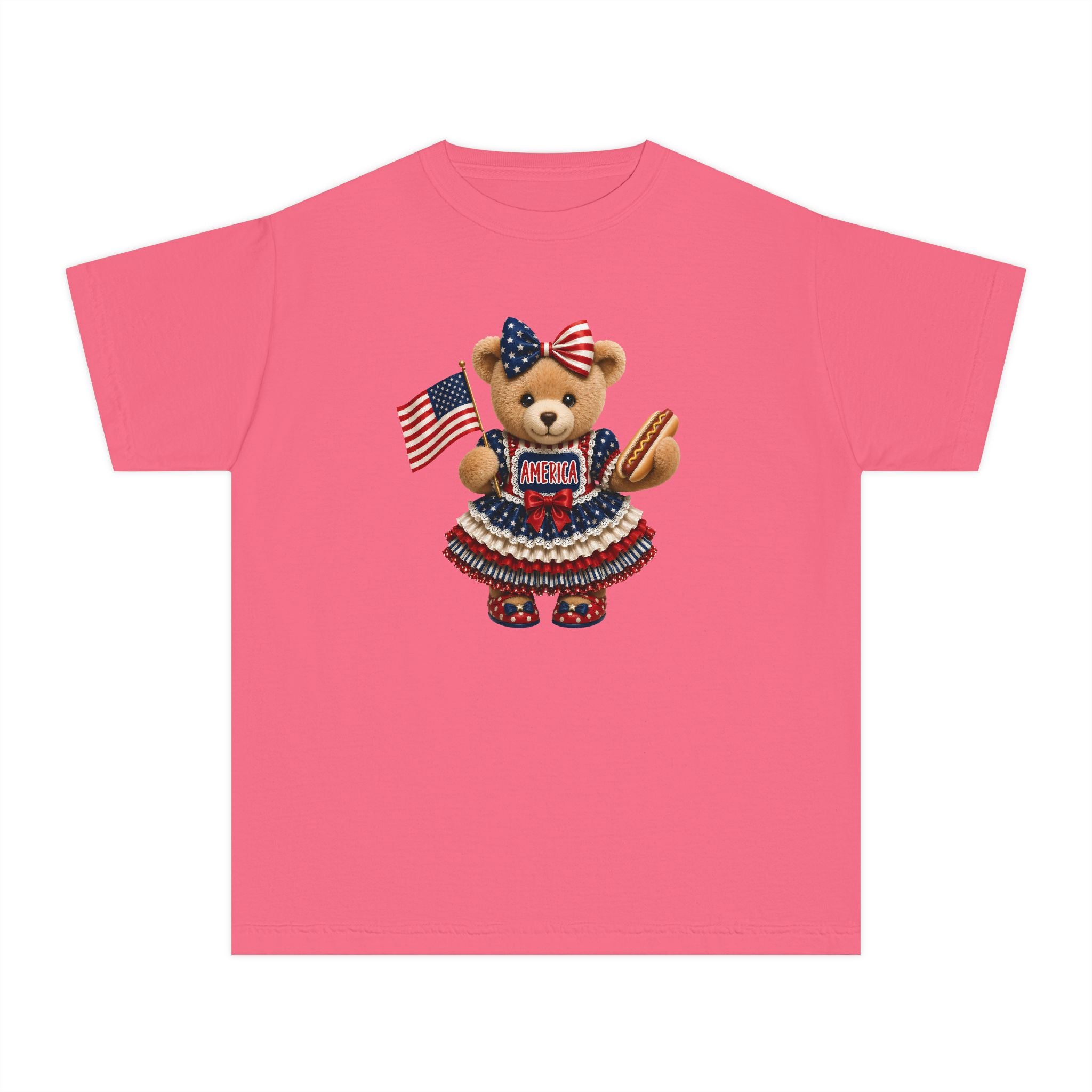 Youth Tee - Patriotic Bear Holding American Flag (4th of July Kids Shirt)