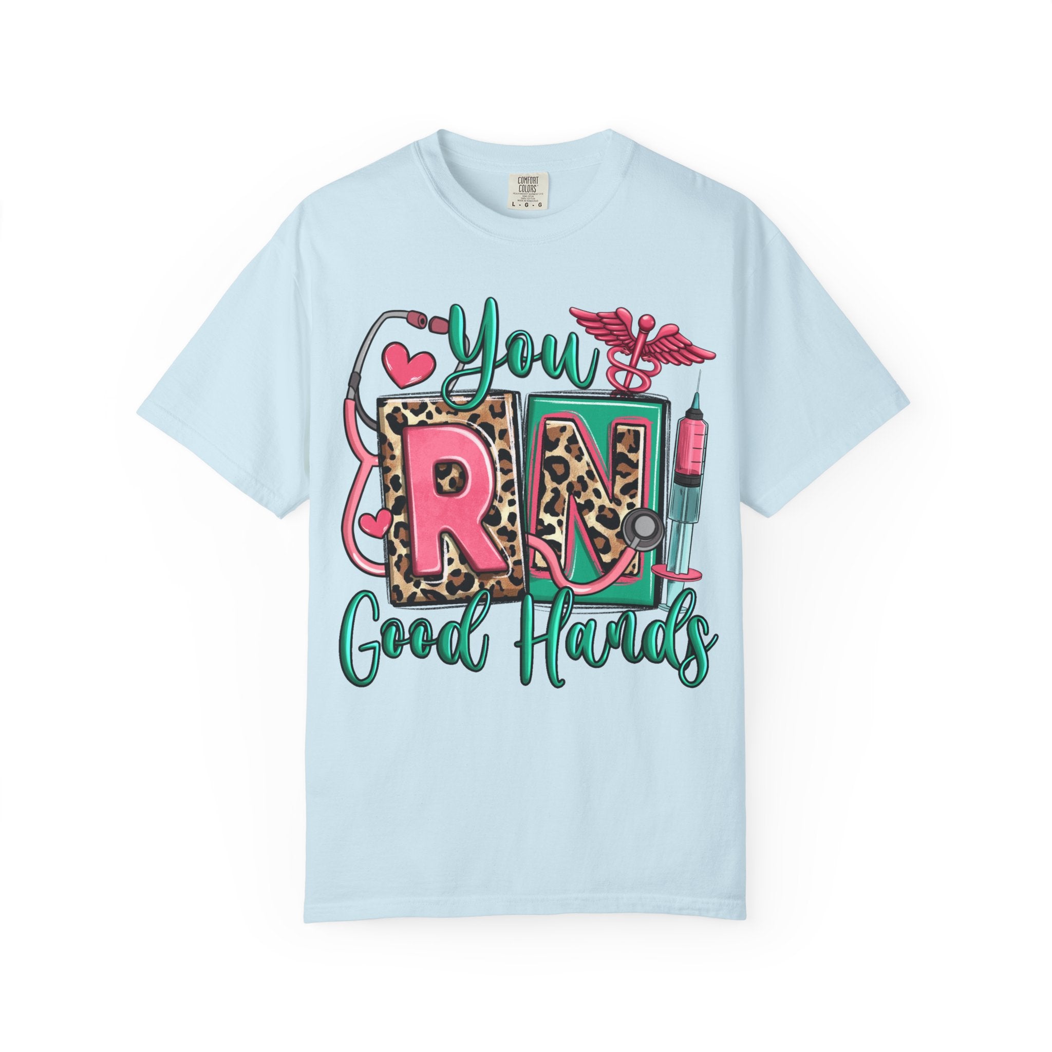 RN Good Hands T-Shirt — Cute Leopard Nurse Graphic Tee for Registered Nurses