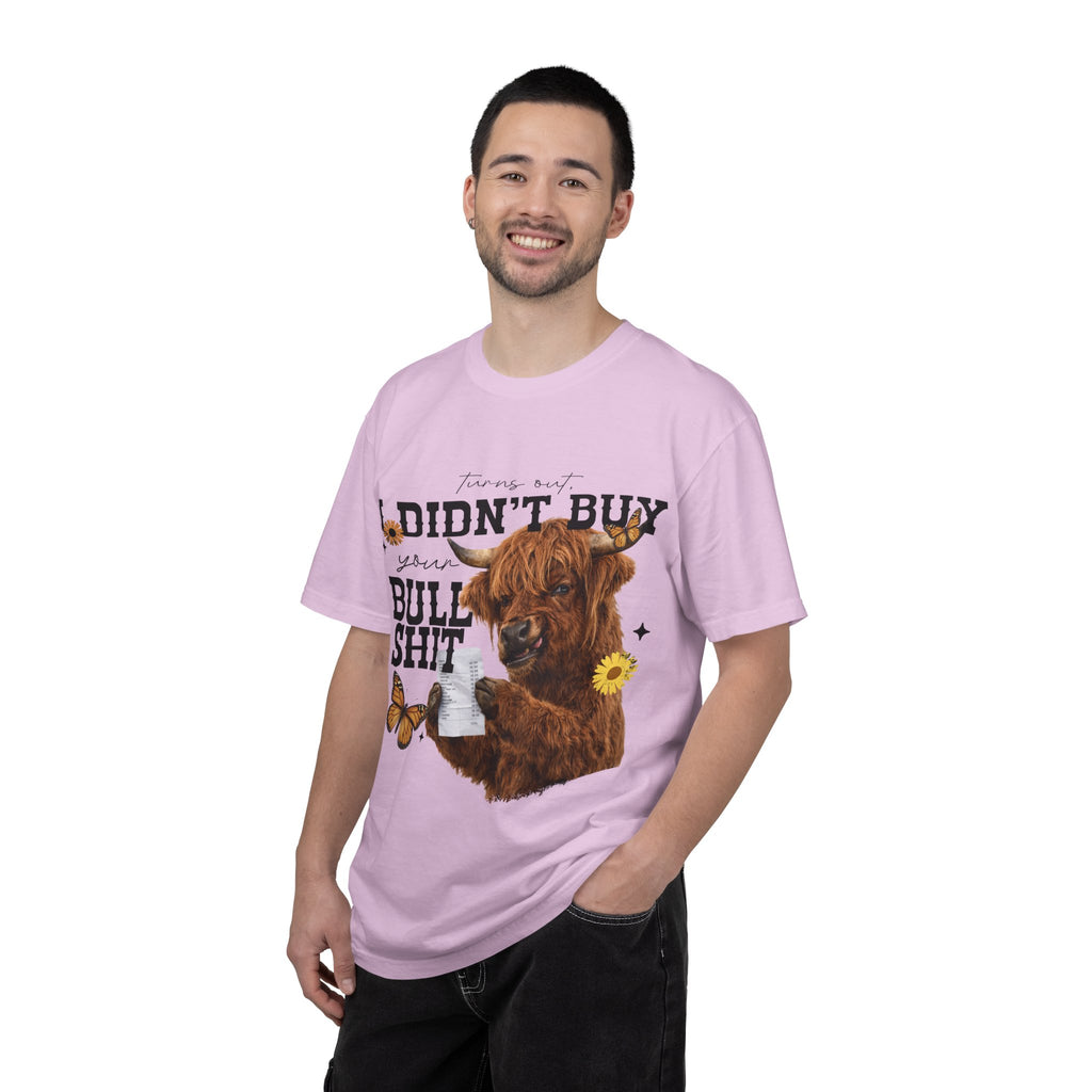 I Didn't Buy Bullshit T-Shirt – Highland Cow with Sunflower & Butterfly Graphic