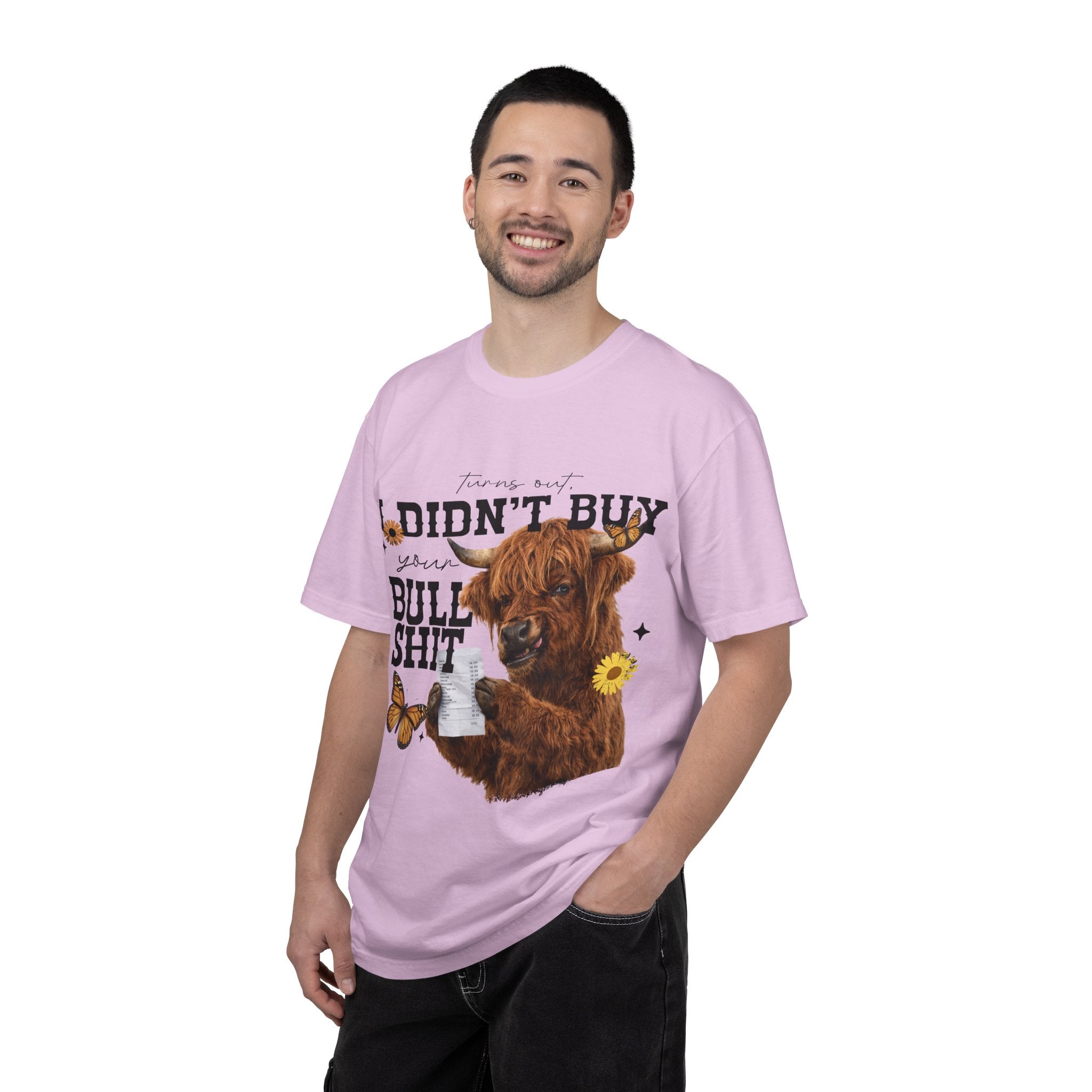 I Didn't Buy Bullshit T-Shirt – Highland Cow with Sunflower & Butterfly Graphic