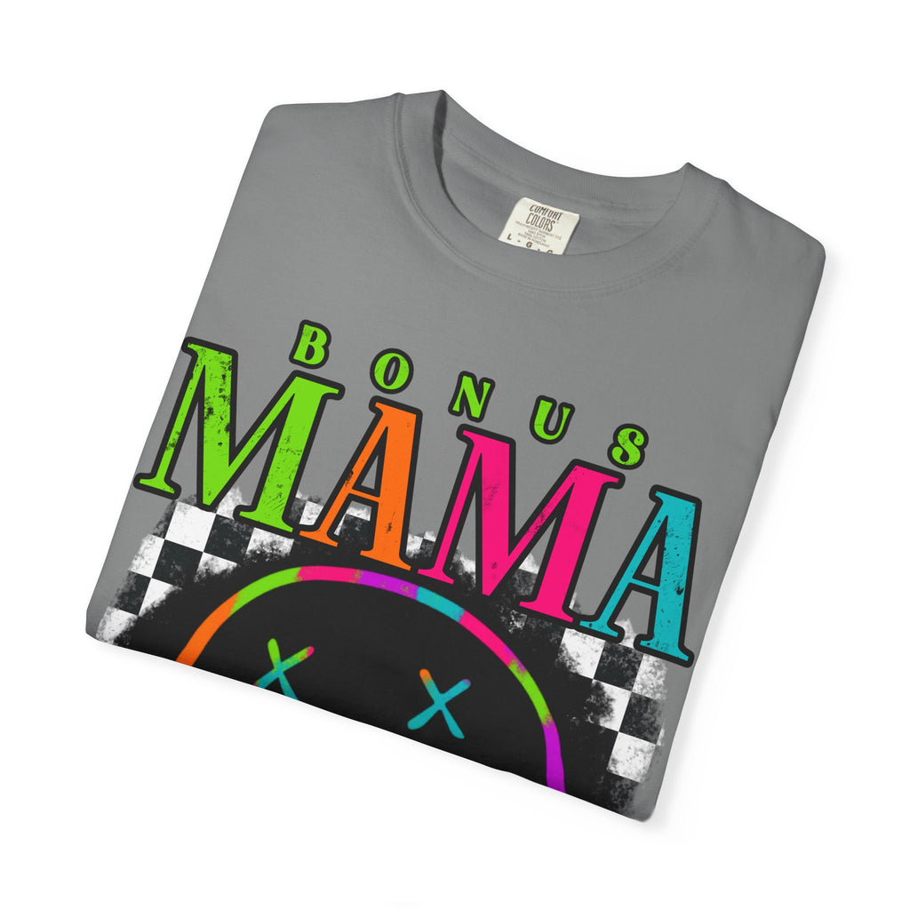 Bonus Mama Graphic T-Shirt — Neon Smiley Checkerboard Retro Tee
