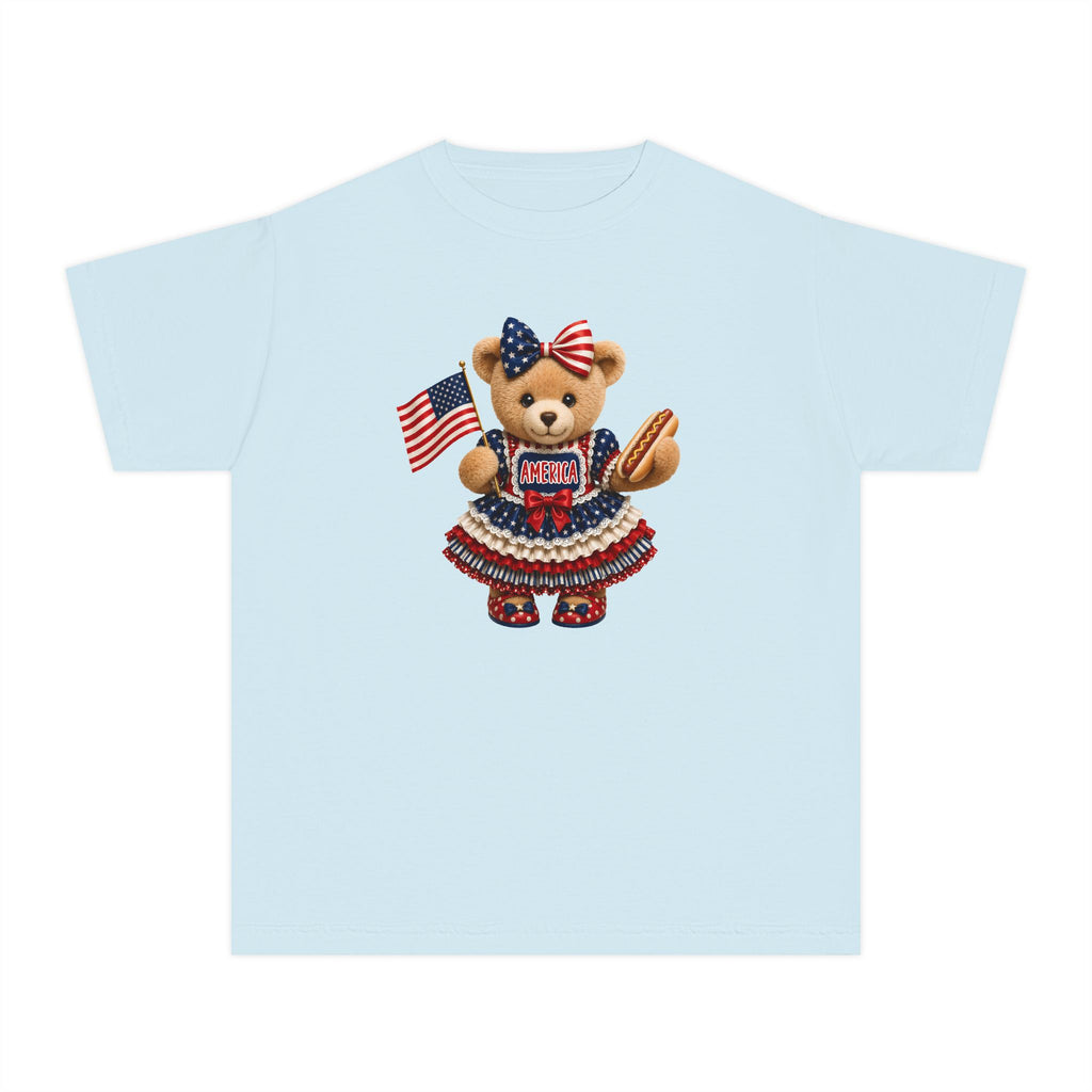 Youth Tee - Patriotic Bear Holding American Flag (4th of July Kids Shirt)