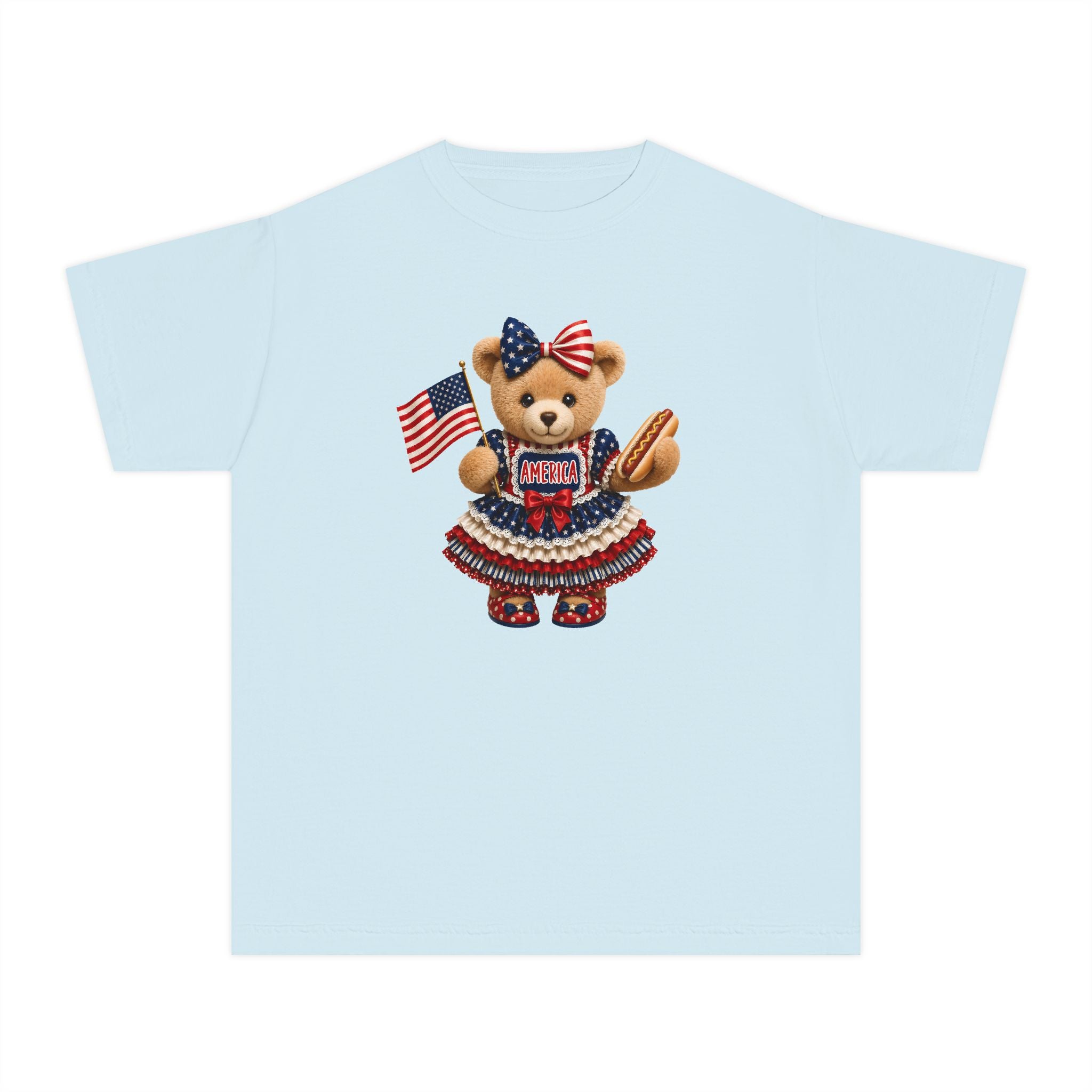 Youth Tee - Patriotic Bear Holding American Flag (4th of July Kids Shirt)